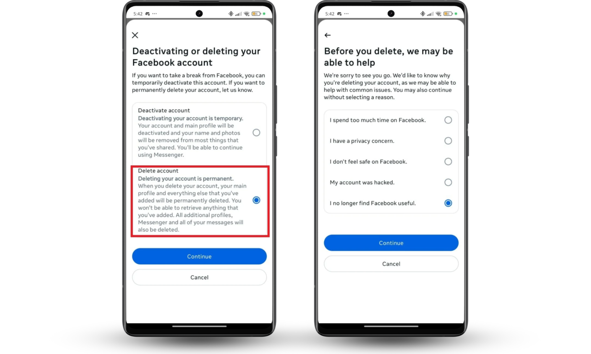iPhone screens showing how to deactivate Facebook account by selecting Delete account, tapping Continue, and choosing a reason before final confirmation iPhone screens showing how to deactivate Facebook account by selecting Delete account, tapping Continue, and choosing a reason before final confirmation