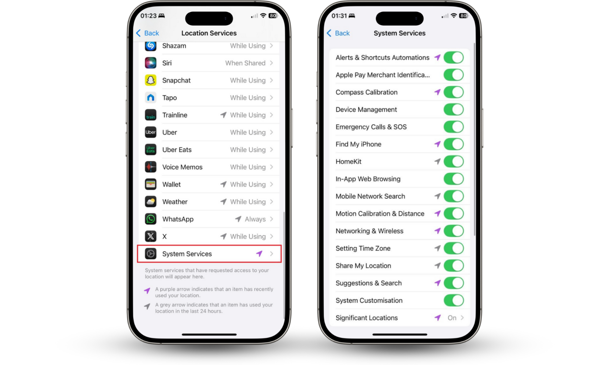 iPhone settings showing System Services like Networking & Wireless and Location-Based Suggestions using location in the background, which can keep your location icon always on your iPhone. iPhone settings showing System Services like Networking & Wireless and Location-Based Suggestions using location in the background, which can keep your location icon always on your iPhone.