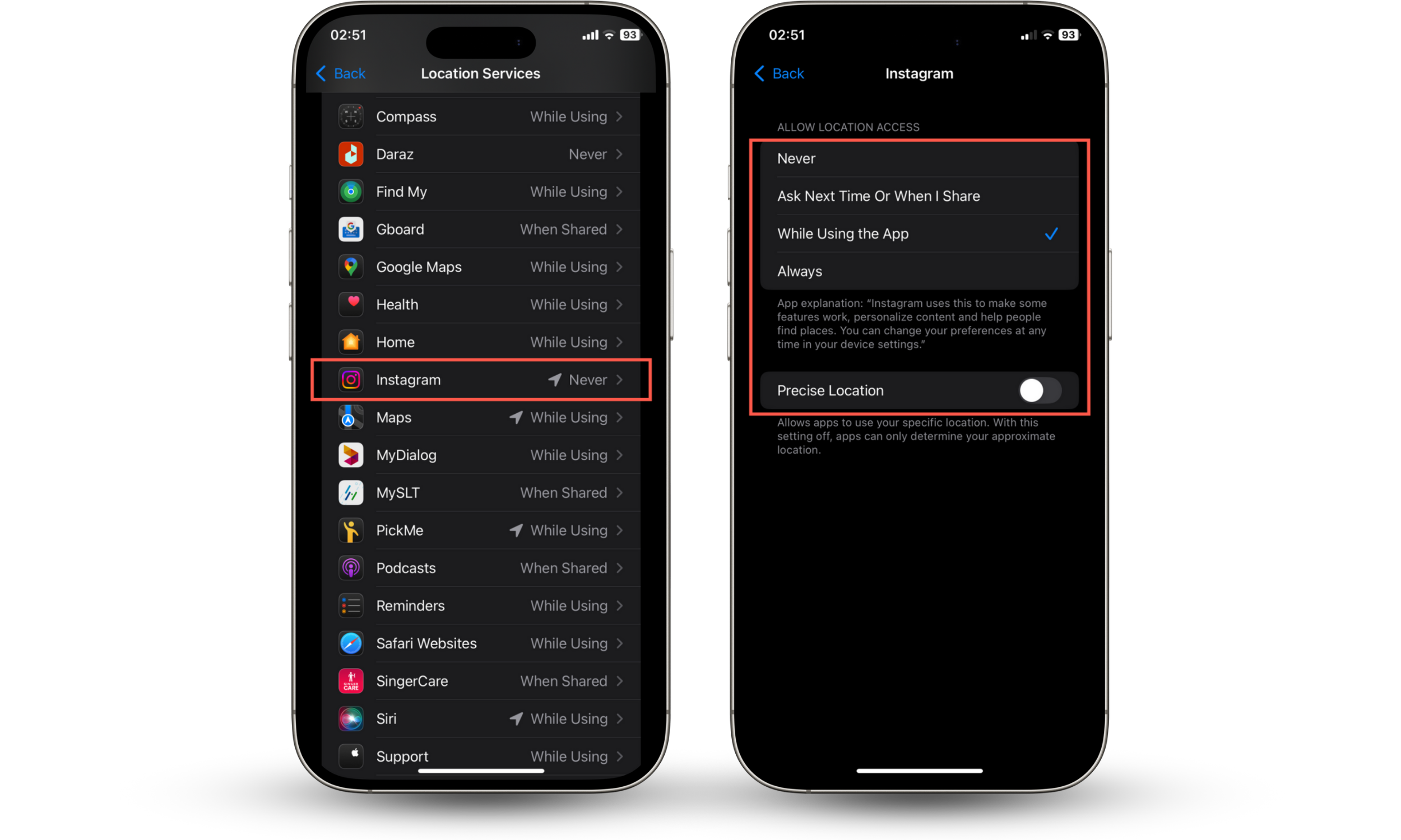 These iOS screenshots show how to restrict or disable location on Instagram via the Location Services screen in the Settings app. These iOS screenshots show how to restrict or disable location on Instagram via the Location Services screen in the Settings app.