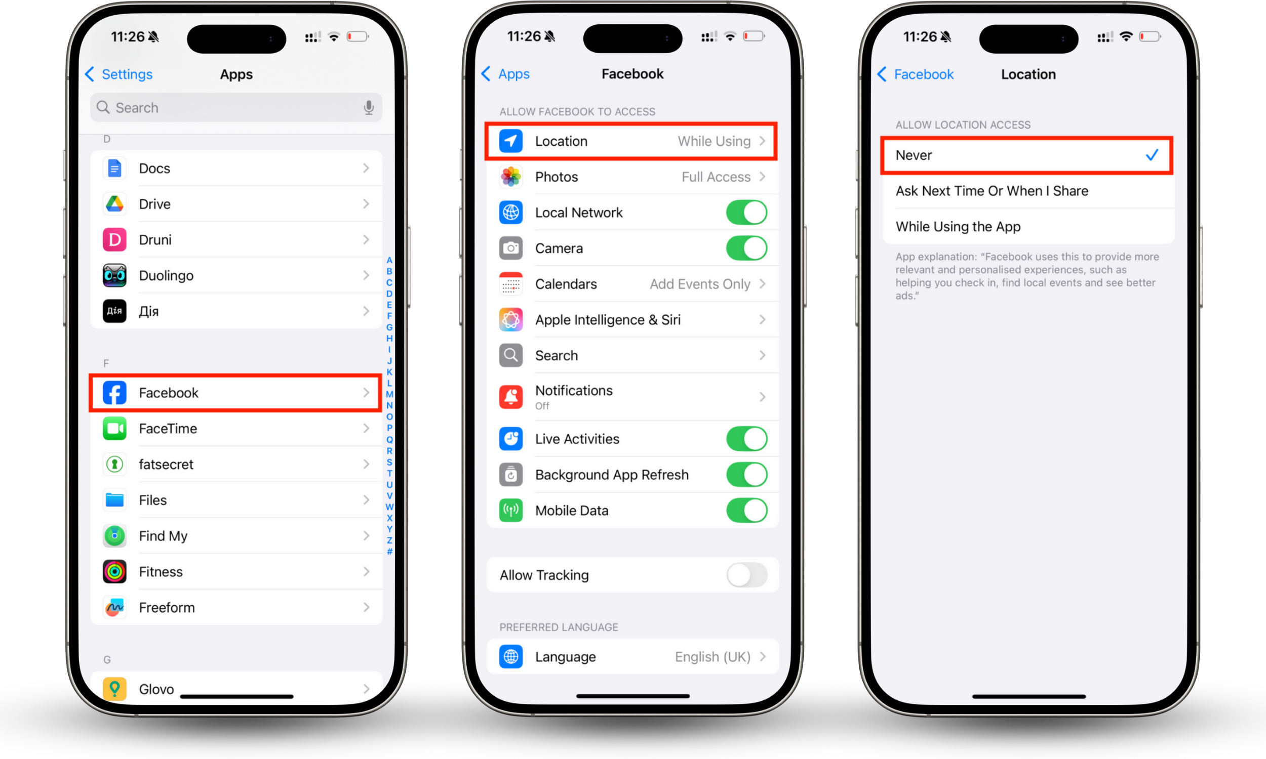 To turn location off on Facebook on an iPhone, choose Location, then press Never. Facebook will no longer be able to access your location data, even when you’re using it. To turn location off on Facebook on an iPhone, choose Location, then press Never. Facebook will no longer be able to access your location data, even when you’re using it.