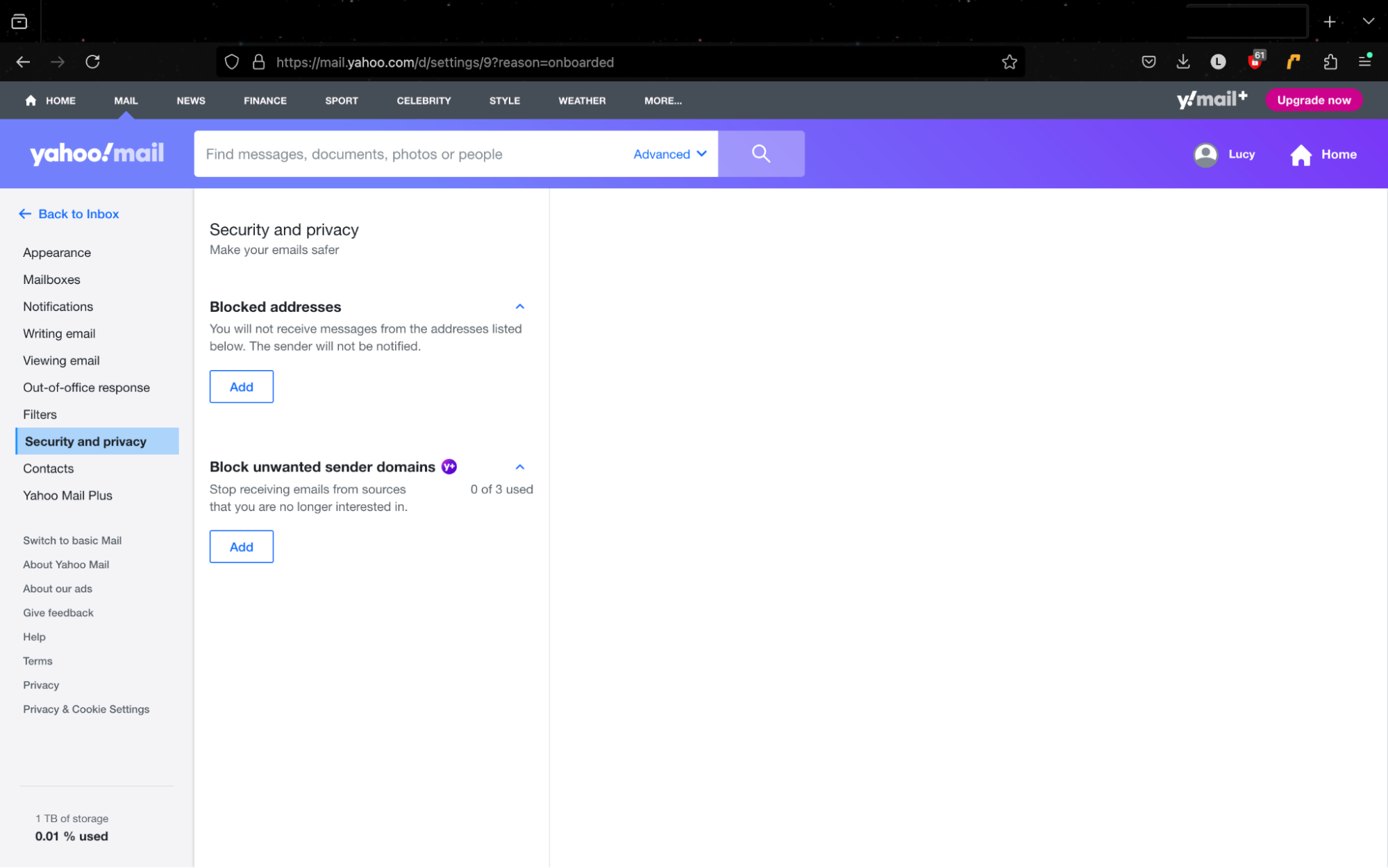 The Security and privacy settings page in Yahoo! Mail. This is where you will need to go to block someone from emailing you if you use Yahoo! Mail. The Security and privacy settings page in Yahoo! Mail. This is where you will need to go to block someone from emailing you if you use Yahoo! Mail.