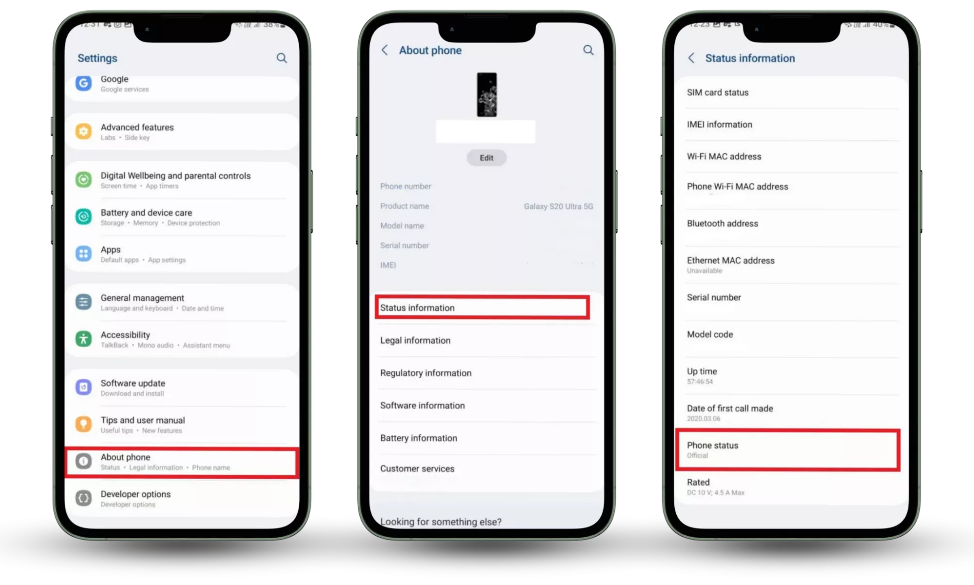 Samsung settings showing Phone status marked as Official to confirm device is not rooted, to find hidden spy apps on Android. Samsung settings showing Phone status marked as Official to confirm device is not rooted, to find hidden spy apps on Android.