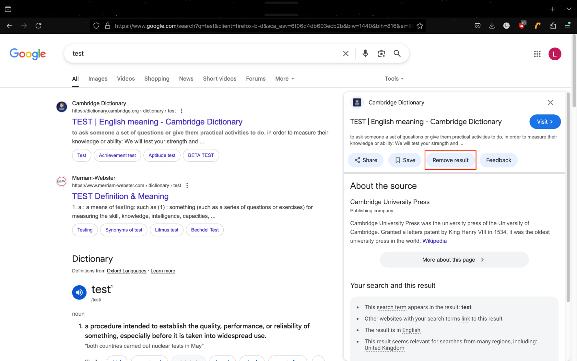 A Google Search results page, with the menu open and Remove result highlighted. This is how users can request to get personal information off Google Search results. A Google Search results page, with the menu open and Remove result highlighted. This is how users can request to get personal information off Google Search results.