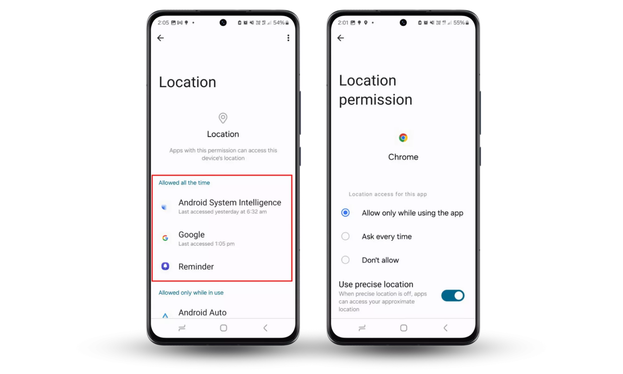 To see if your phone is being tracked, check your app permissions. Go to Settings > Location > App Permissions and press Don't allow.