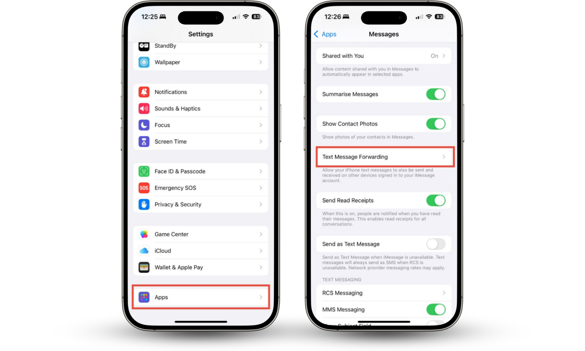 An iPhone showing how to find your Text Message Forwarding settings. Someone can view text messages sent and received from another phone if text message forwarding is enabled. An iPhone showing how to find your Text Message Forwarding settings. Someone can view text messages sent and received from another phone if text message forwarding is enabled.
