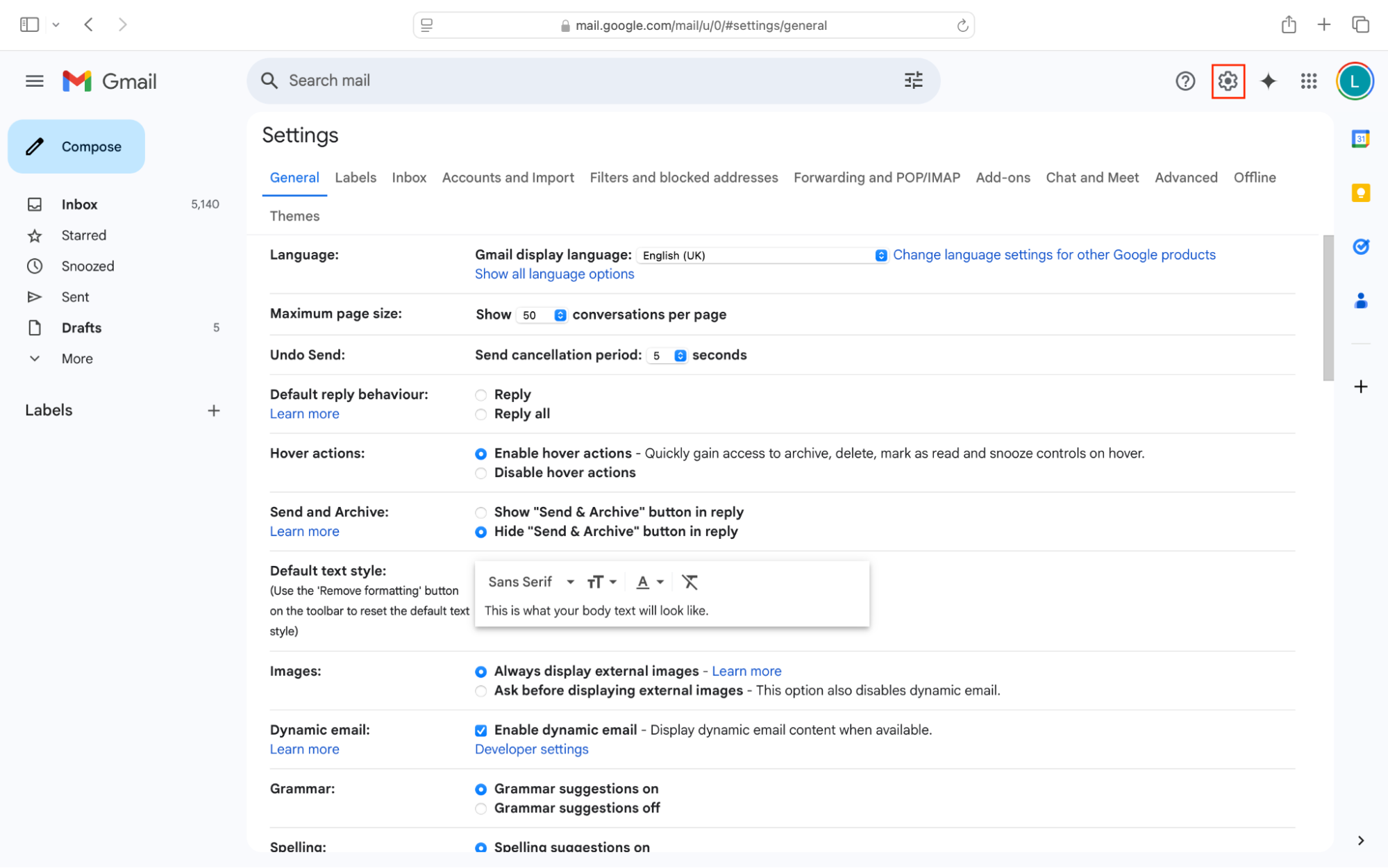 Gmail on desktop, with the Settings cog highlighted. This is the first step in checking your blocked users list, if you need to stop emails from a certain sender. Gmail on desktop, with the Settings cog highlighted. This is the first step in checking your blocked users list, if you need to stop emails from a certain sender.