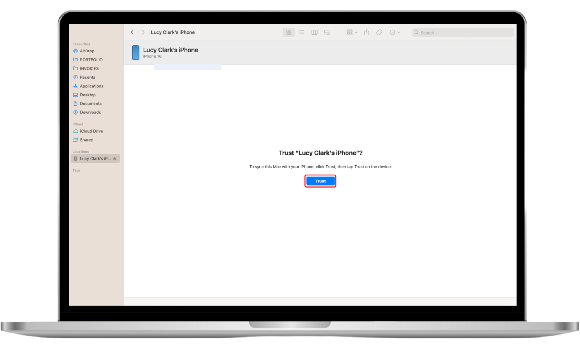Finder on a Mac, with a prompt asking the user whether to trust an iPhone. Can't turn off Find My iPhone? Try restoring your iPhone with your laptop Finder on a Mac, with a prompt asking the user whether to trust an iPhone. Can't turn off Find My iPhone? Try restoring your iPhone with your laptop