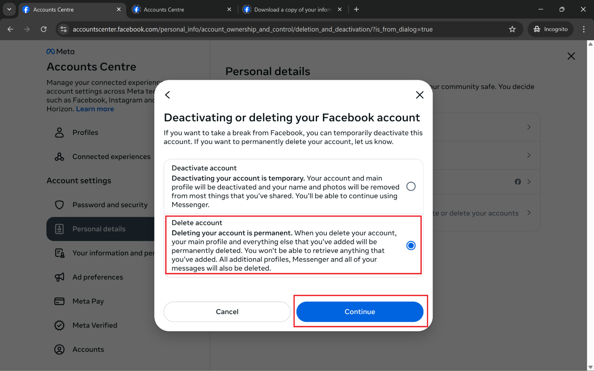 Final Facebook web step showing how to deactivate Facebook account by choosing Delete account and continuing with the deletion process Final Facebook web step showing how to deactivate Facebook account by choosing Delete account and continuing with the deletion process