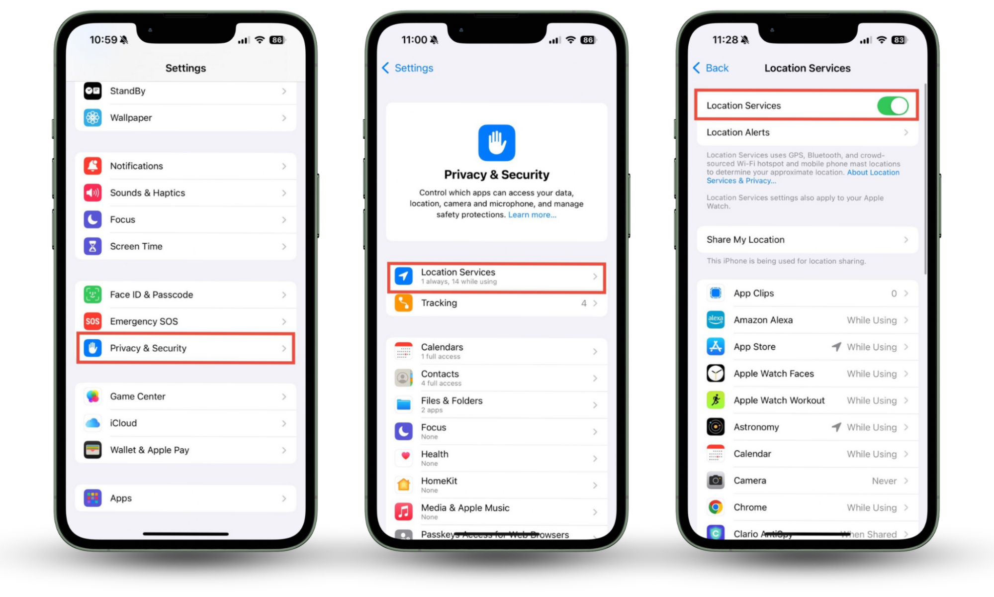 If you want to stop someone from spying on your phone, check for apps that use your location, microphone, or camera on an iPhone. Go to the Settings, tap Privacy & Security. Check Location Services, Microphone, and Camera. Tap on each and review app permissions. If you want to stop someone from spying on your phone, check for apps that use your location, microphone, or camera on an iPhone. Go to the Settings, tap Privacy & Security. Check Location Services, Microphone, and Camera. Tap on each and review app permissions.