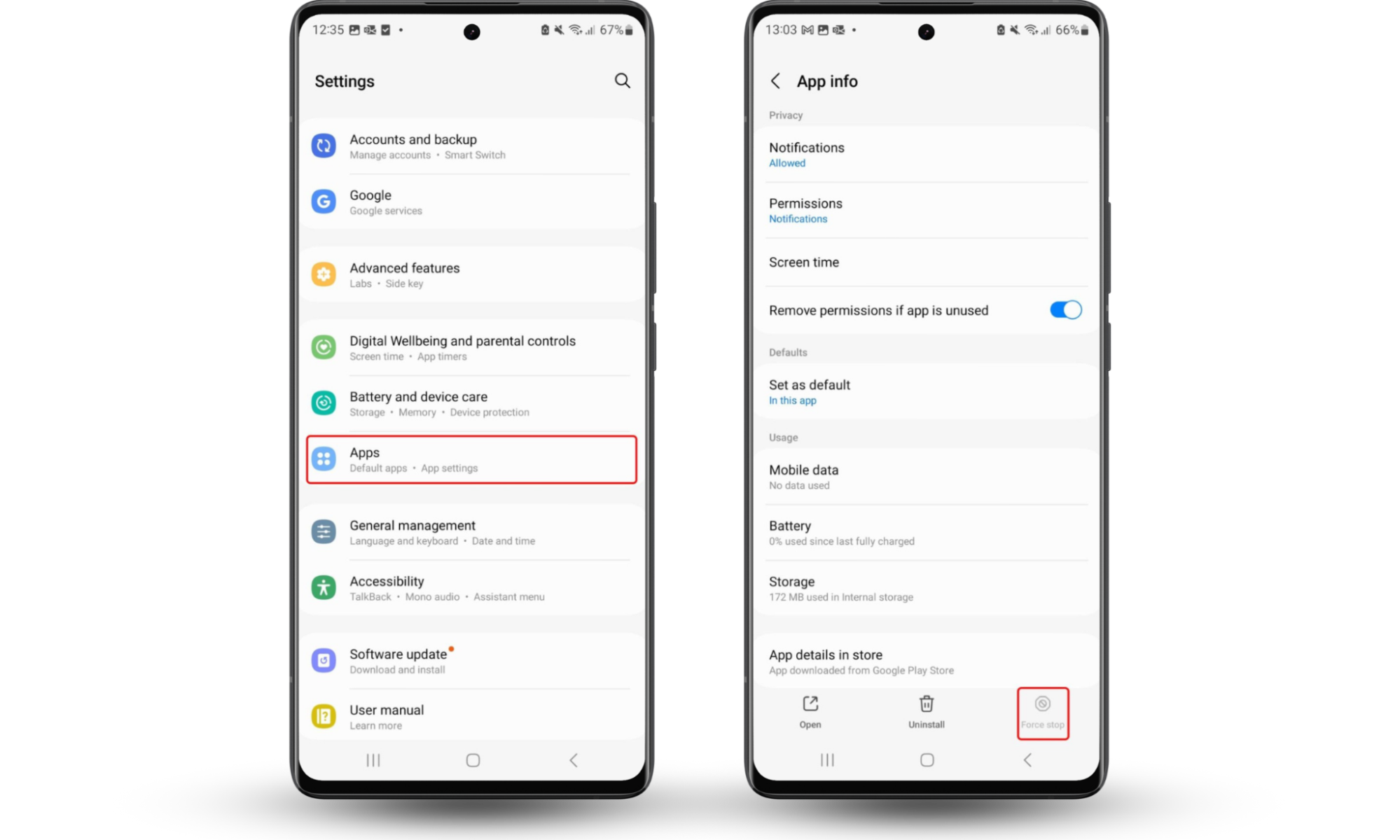 Instructions on how to force stop an app on an Android phone. If a suspicious app won't let you uninstall it, force stop it before you remove malware from Android Instructions on how to force stop an app on an Android phone. If a suspicious app won't let you uninstall it, force stop it before you remove malware from Android