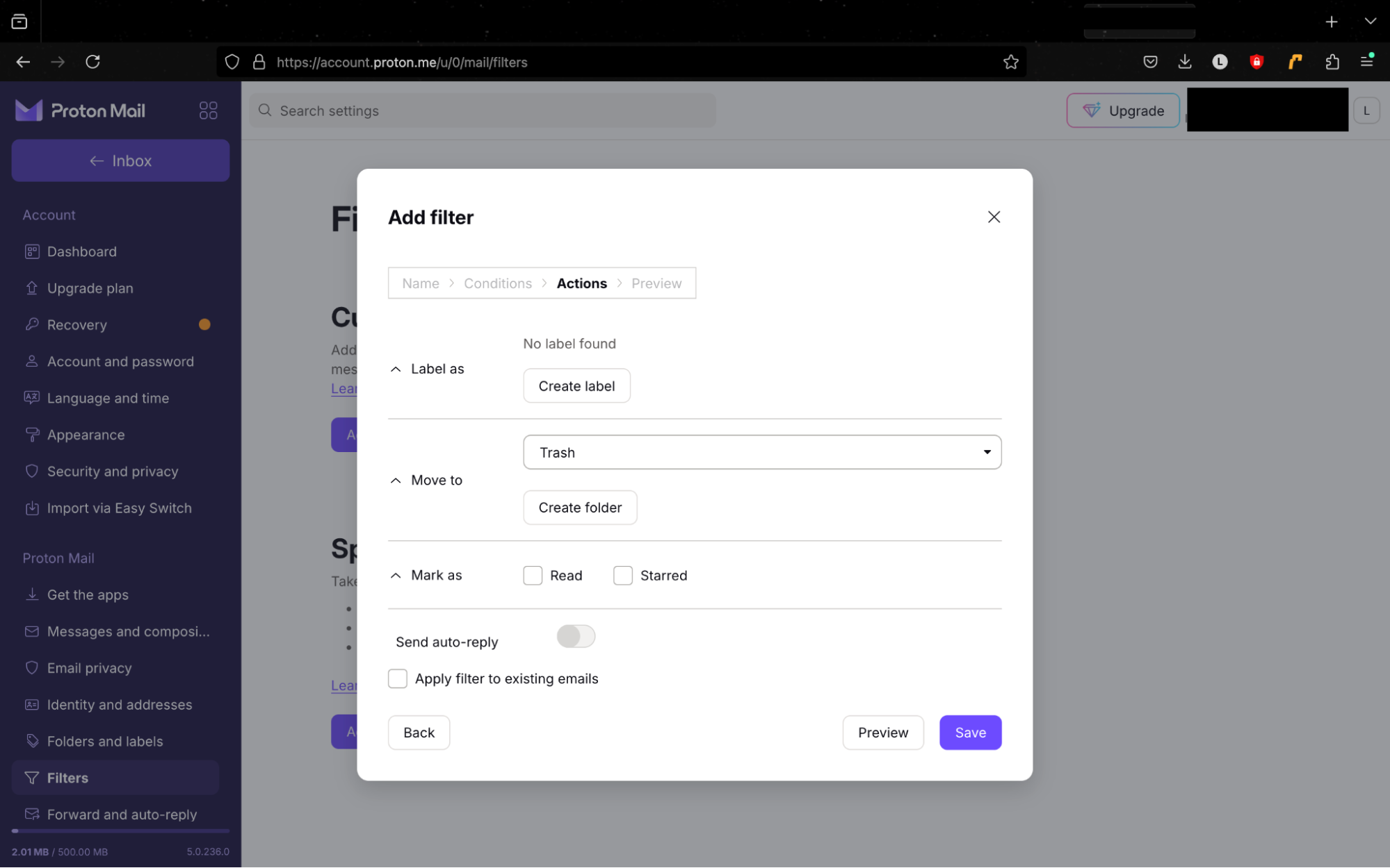 The final step in setting up a custom mail filter in ProtonMail, deciding what actions should happen when you block spam emails. The final step in setting up a custom mail filter in ProtonMail, deciding what actions should happen when you block spam emails.