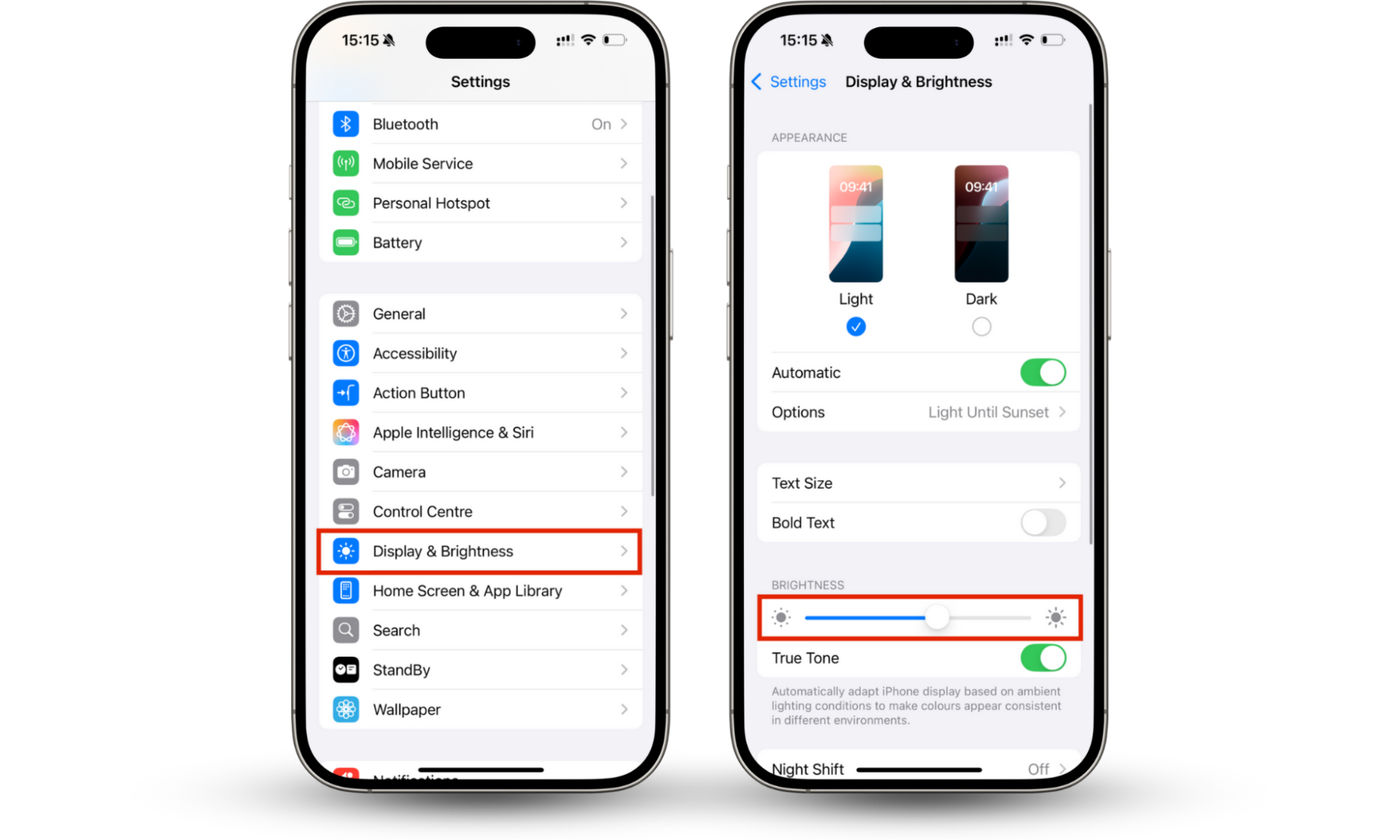 The Settings app is opened on an iOS device. If your phone is dying fast, adjust battery settings and usage by opening Display & Brightness settings and lowering brightness. The Settings app is opened on an iOS device. If your phone is dying fast, adjust battery settings and usage by opening Display & Brightness settings and lowering brightness.