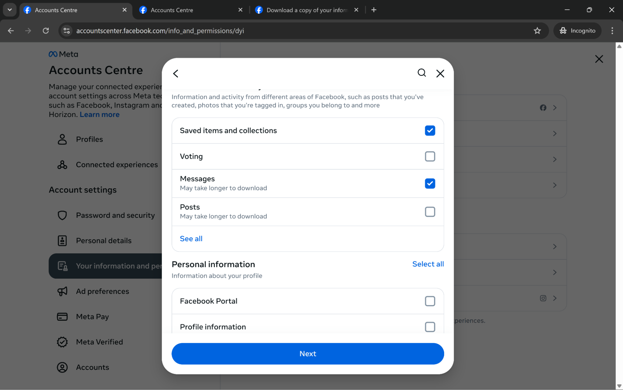 Facebook download settings showing data types selected before deactivating Facebook account, including messages and saved items Facebook download settings showing data types selected before deactivating Facebook account, including messages and saved items