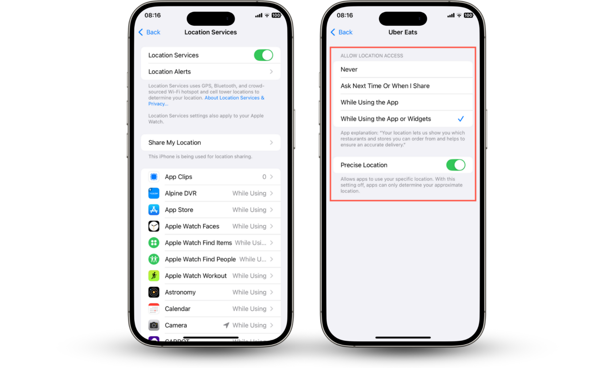 These iOS screenshots show how to change the location permissions on your iPhone via the Location Services menu in Settings. These iOS screenshots show how to change the location permissions on your iPhone via the Location Services menu in Settings.