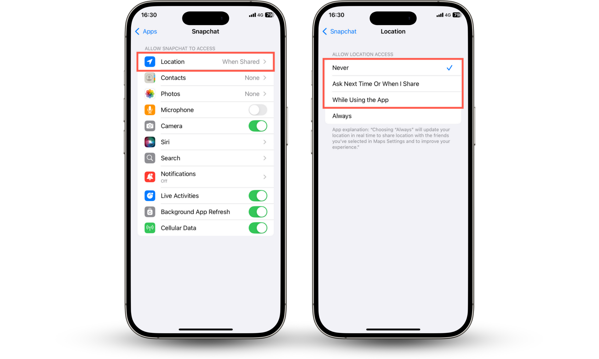 These iPhone screenshots show how to disable your Snapchat location by restricting location services for Snapchat via the Settings app. These iPhone screenshots show how to disable your Snapchat location by restricting location services for Snapchat via the Settings app.