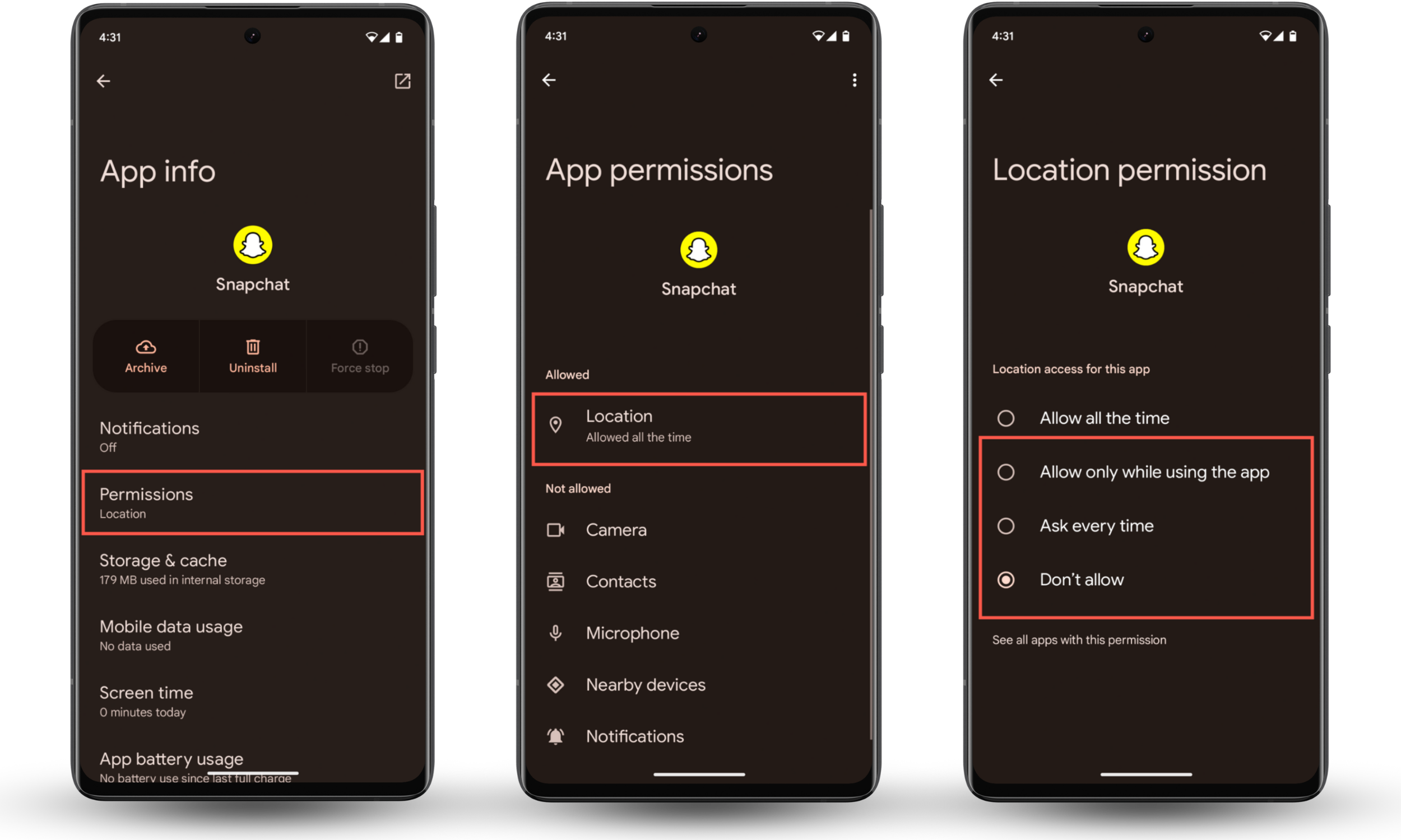 These Android screenshots show how to disable your Snapchat location by restricting location services for Snapchat via the Settings app. These Android screenshots show how to disable your Snapchat location by restricting location services for Snapchat via the Settings app.