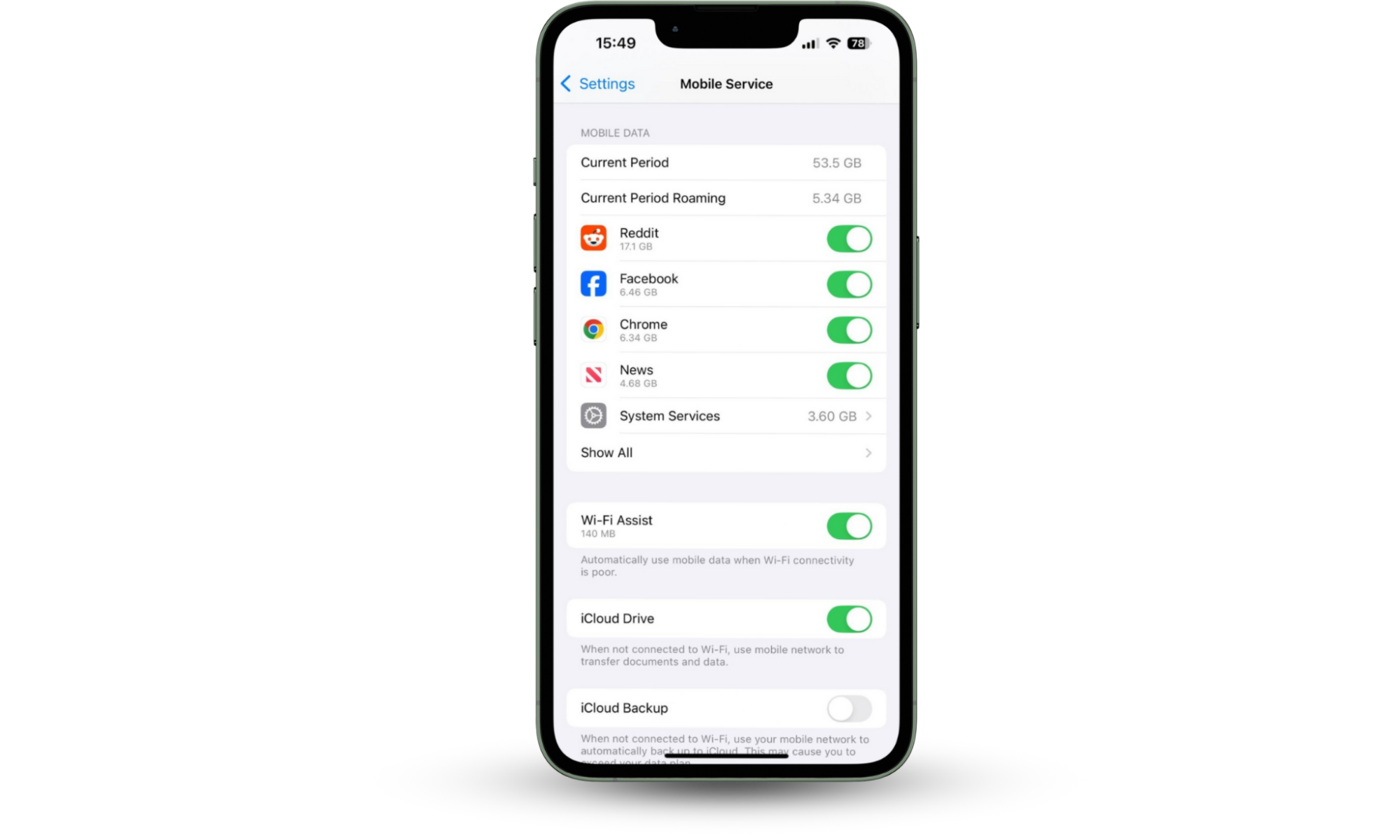 The Mobile Service settings page on an iPhone, showing the Mobile Data section. This can show you if you're using more data than usual, an important step in how to stop tracking on your phone. The Mobile Service settings page on an iPhone, showing the Mobile Data section. This can show you if you're using more data than usual, an important step in how to stop tracking on your phone.