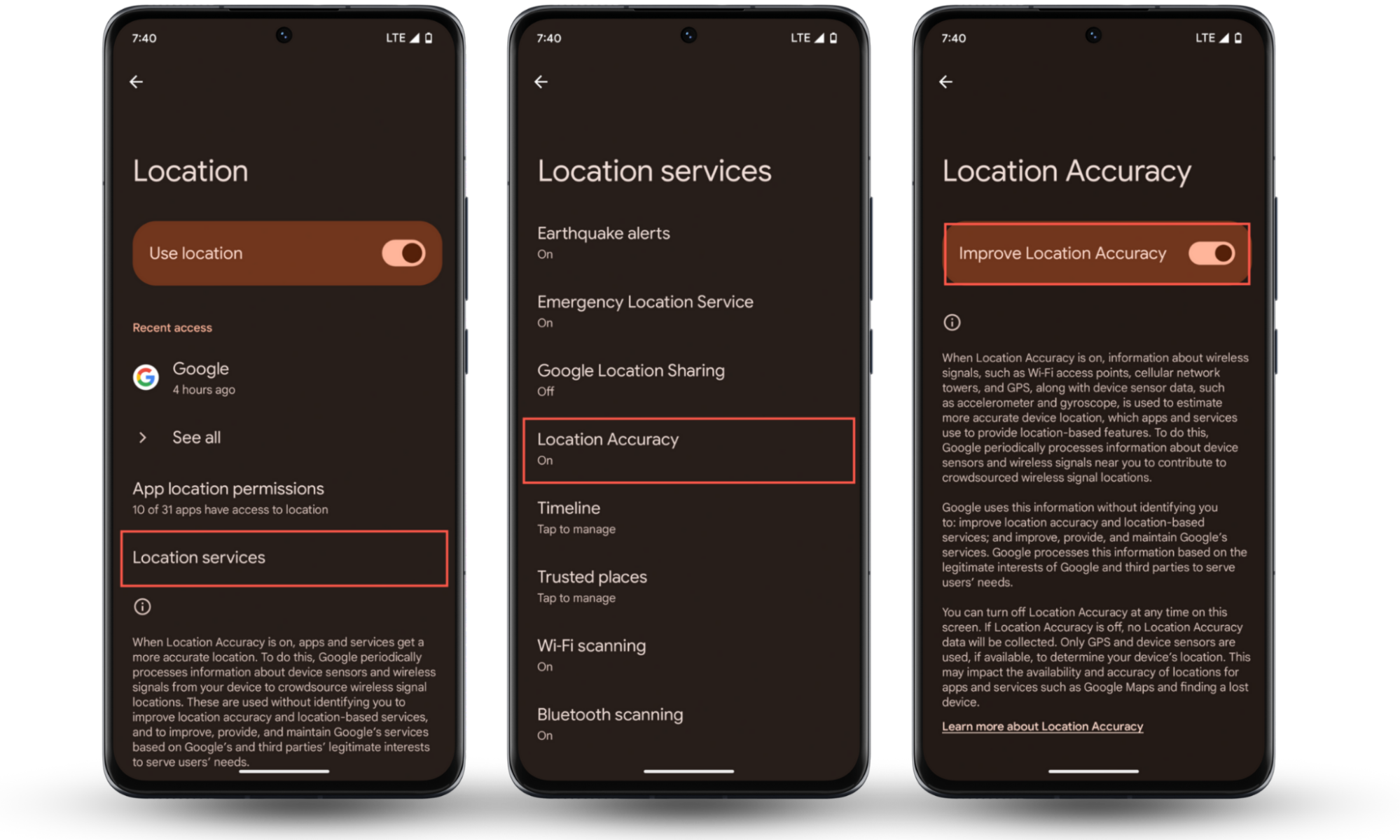These Android screenshots show how to change the location on your Android by adjusting the location accuracy via Settings. These Android screenshots show how to change the location on your Android by adjusting the location accuracy via Settings.