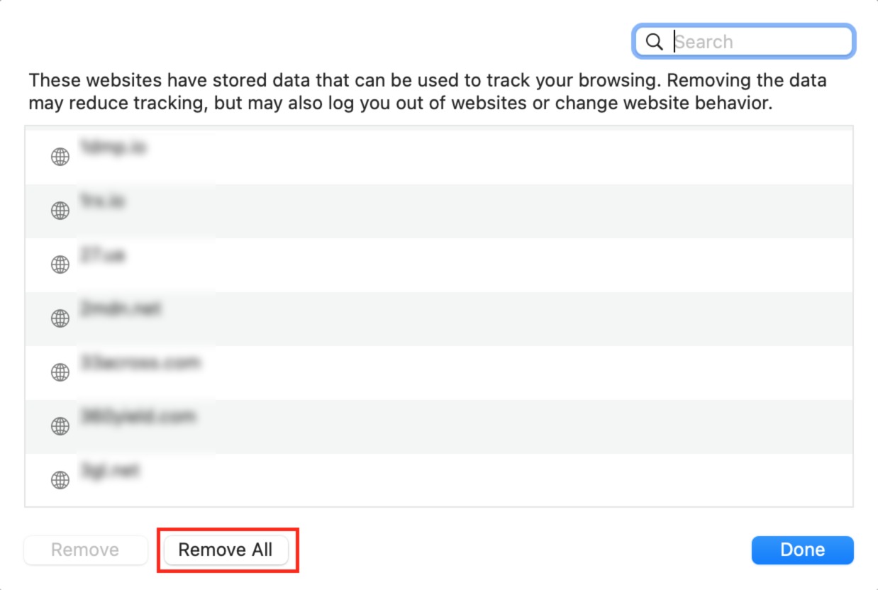 These Mac screenshots show how to select and delete website data via the Safari Settings, which helps stop browser tracking. These Mac screenshots show how to select and delete website data via the Safari Settings, which helps stop browser tracking.