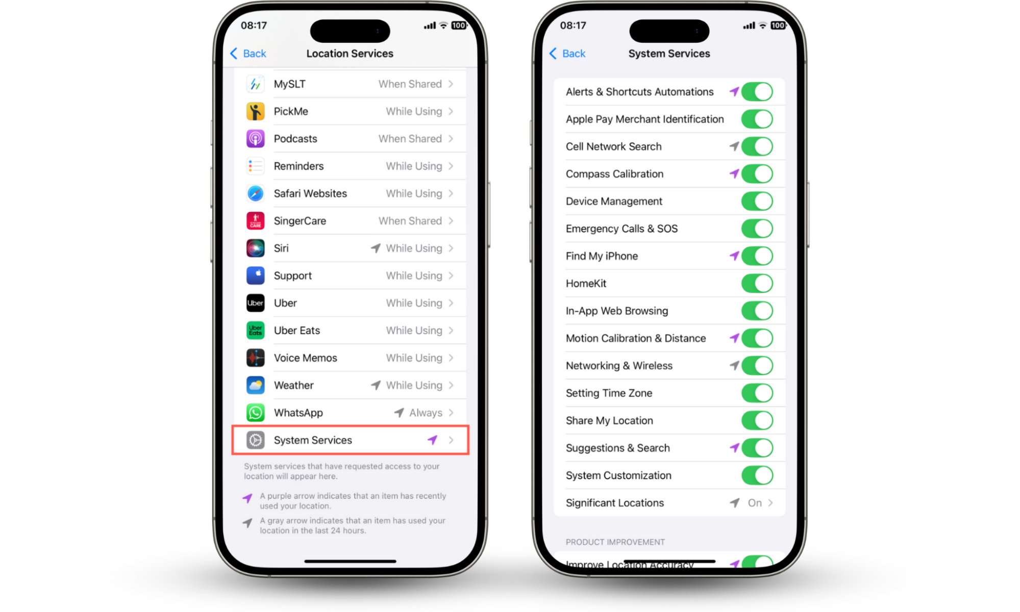 These iOS screenshots show how to change the location permissions on your iPhone for system services via the Settings app. These iOS screenshots show how to change the location permissions on your iPhone for system services via the Settings app.