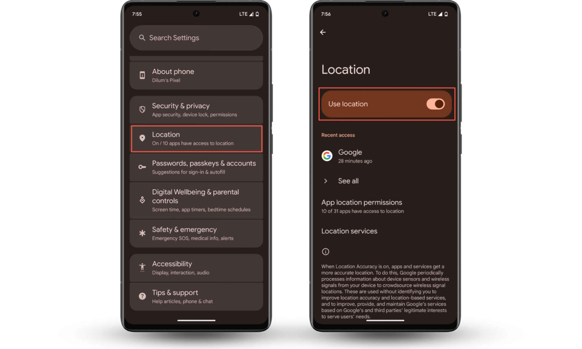 These Android screenshots show how to change your location on Android by disabling or enabling location services via the Settings app. These Android screenshots show how to change your location on Android by disabling or enabling location services via the Settings app.