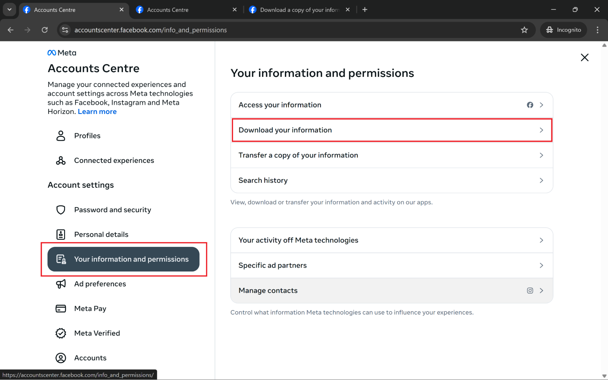 Facebook web settings showing how to deactivate Facebook account by accessing and downloading your information through Accounts Center. Facebook web settings showing how to deactivate Facebook account by accessing and downloading your information through Accounts Center.