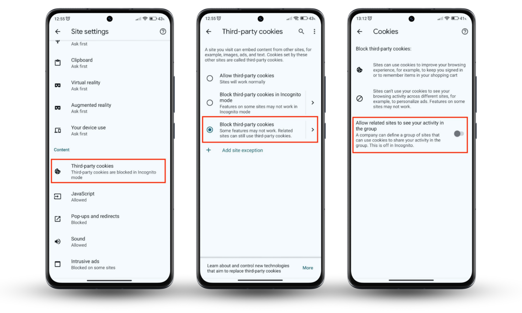 Chrome app open on an Android with the third-party cookies menu showing the option to block third-party cookies to stop someone spying on your internet activity. Chrome app open on an Android with the third-party cookies menu showing the option to block third-party cookies to stop someone spying on your internet activity.