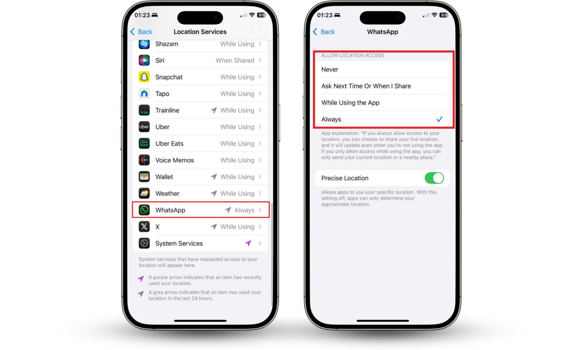 iPhone settings showing WhatsApp with location access set to Always, which can keep your location icon always on your iPhone due to constant background tracking. iPhone settings showing WhatsApp with location access set to Always, which can keep your location icon always on your iPhone due to constant background tracking.