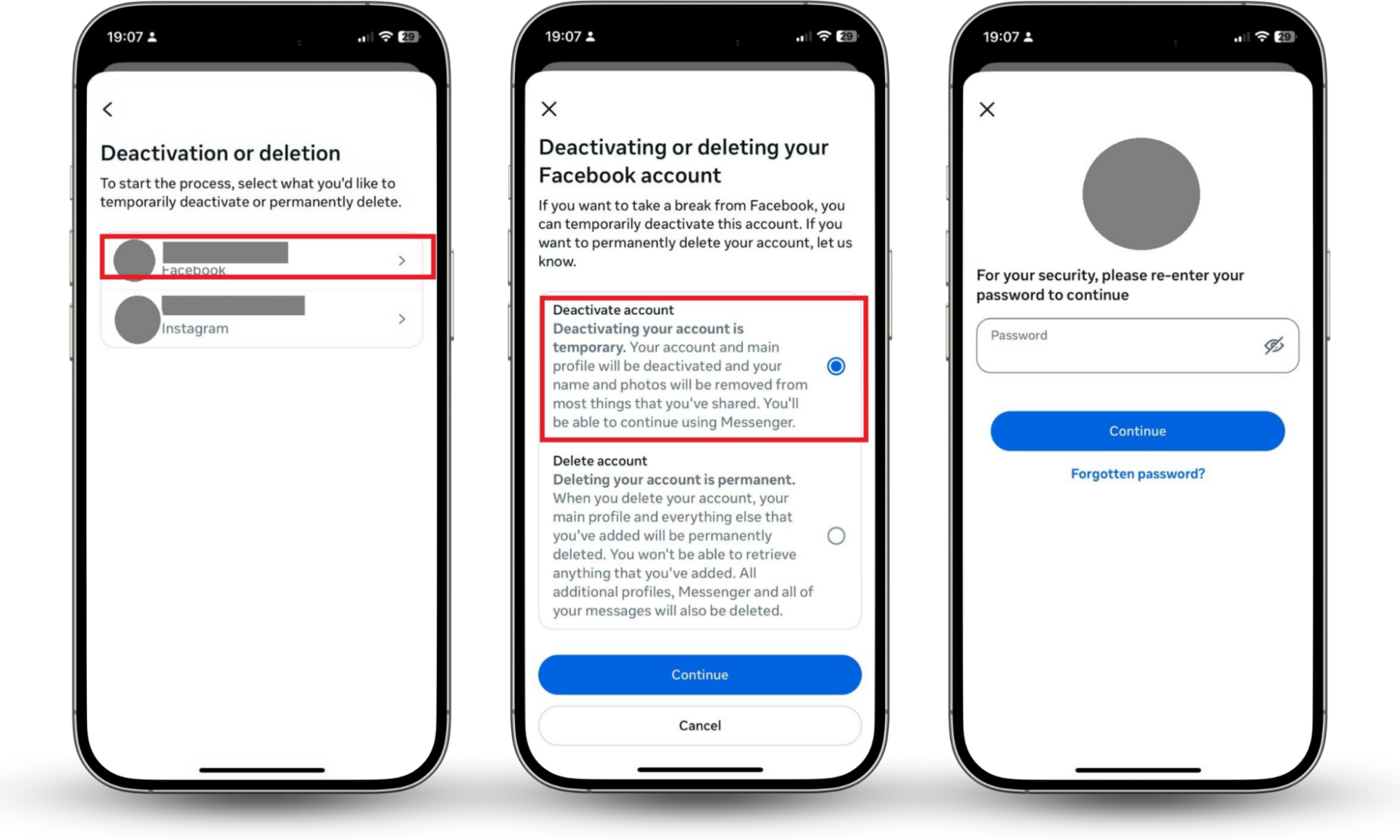 Final screens on iPhone showing how to deactivate Facebook account, including profile selection, deactivation option, and password confirmation. Final screens on iPhone showing how to deactivate Facebook account, including profile selection, deactivation option, and password confirmation.