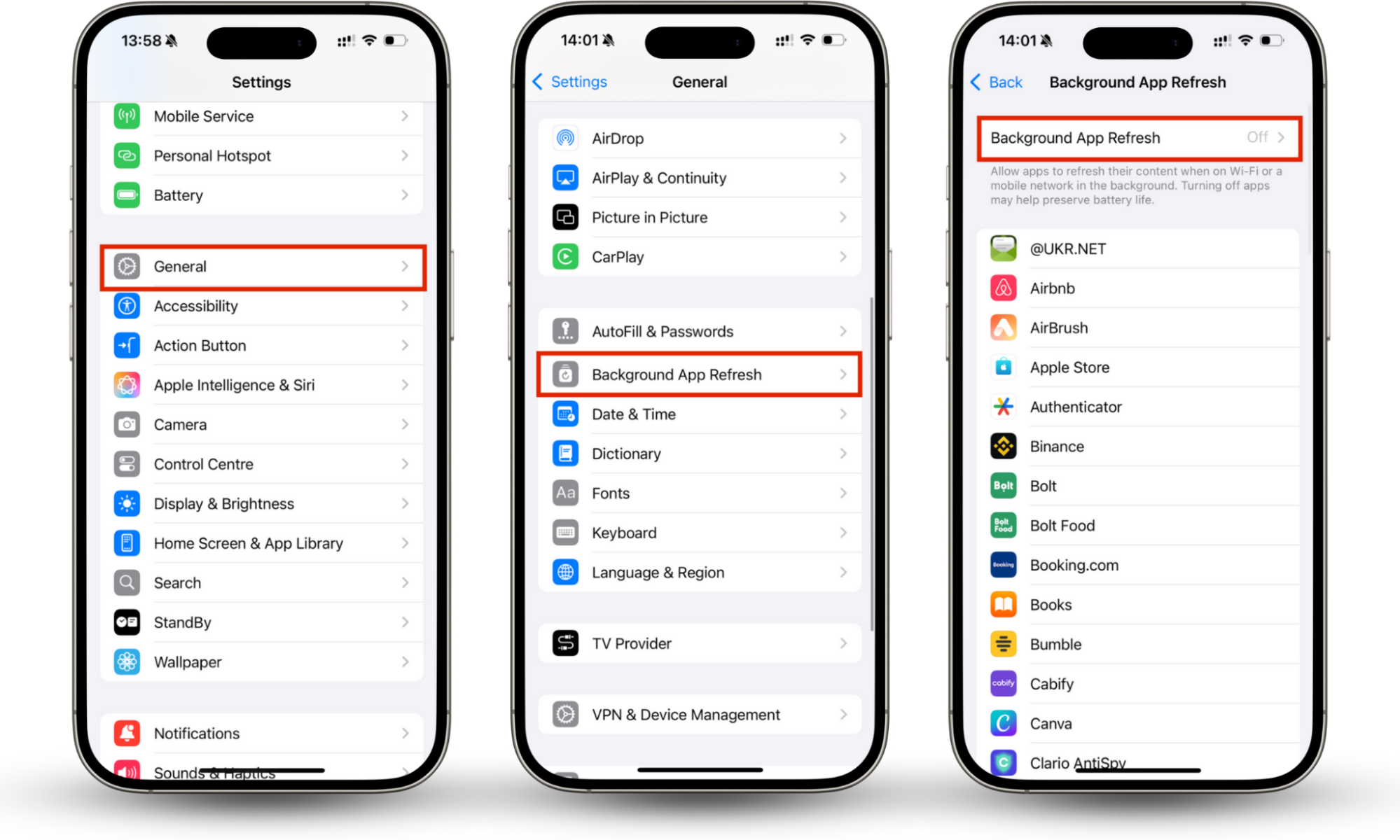 iPhone settings are opened. If your phone is dying too fast, disable the background app refresh. Go to Settings > General > Background App Refresh > Off. iPhone settings are opened. If your phone is dying too fast, disable the background app refresh. Go to Settings > General > Background App Refresh > Off.