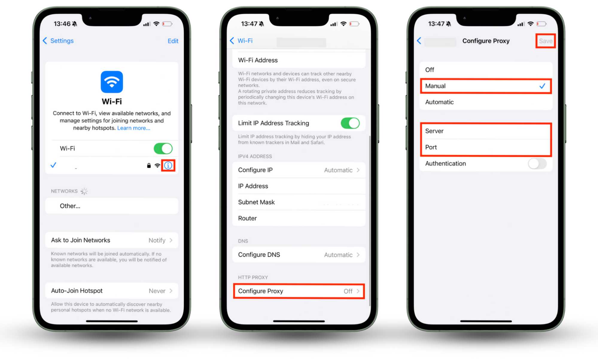 Wi-Fi settings on iOS showing how to navigate through Wi-Fi, network details, and Configure Proxy to set up an HTTPS proxy and protect yourself from someone spying on your internet activity. Wi-Fi settings on iOS showing how to navigate through Wi-Fi, network details, and Configure Proxy to set up an HTTPS proxy and protect yourself from someone spying on your internet activity.