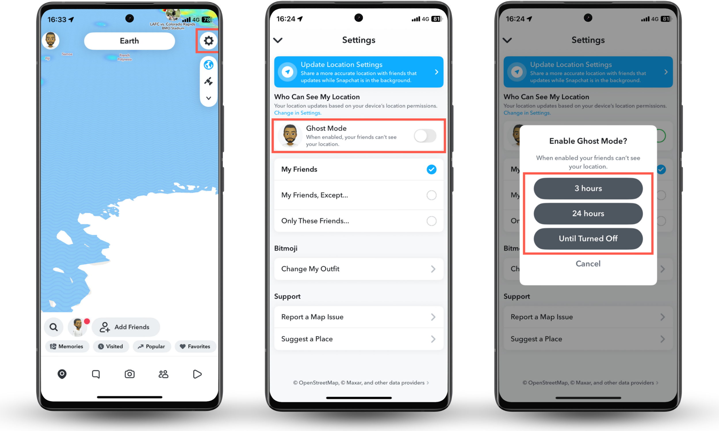 These Snapchat screenshots show how to turn off your Snapchat location by activating Ghost Mode via the Snap Map settings. These Snapchat screenshots show how to turn off your Snapchat location by activating Ghost Mode via the Snap Map settings.