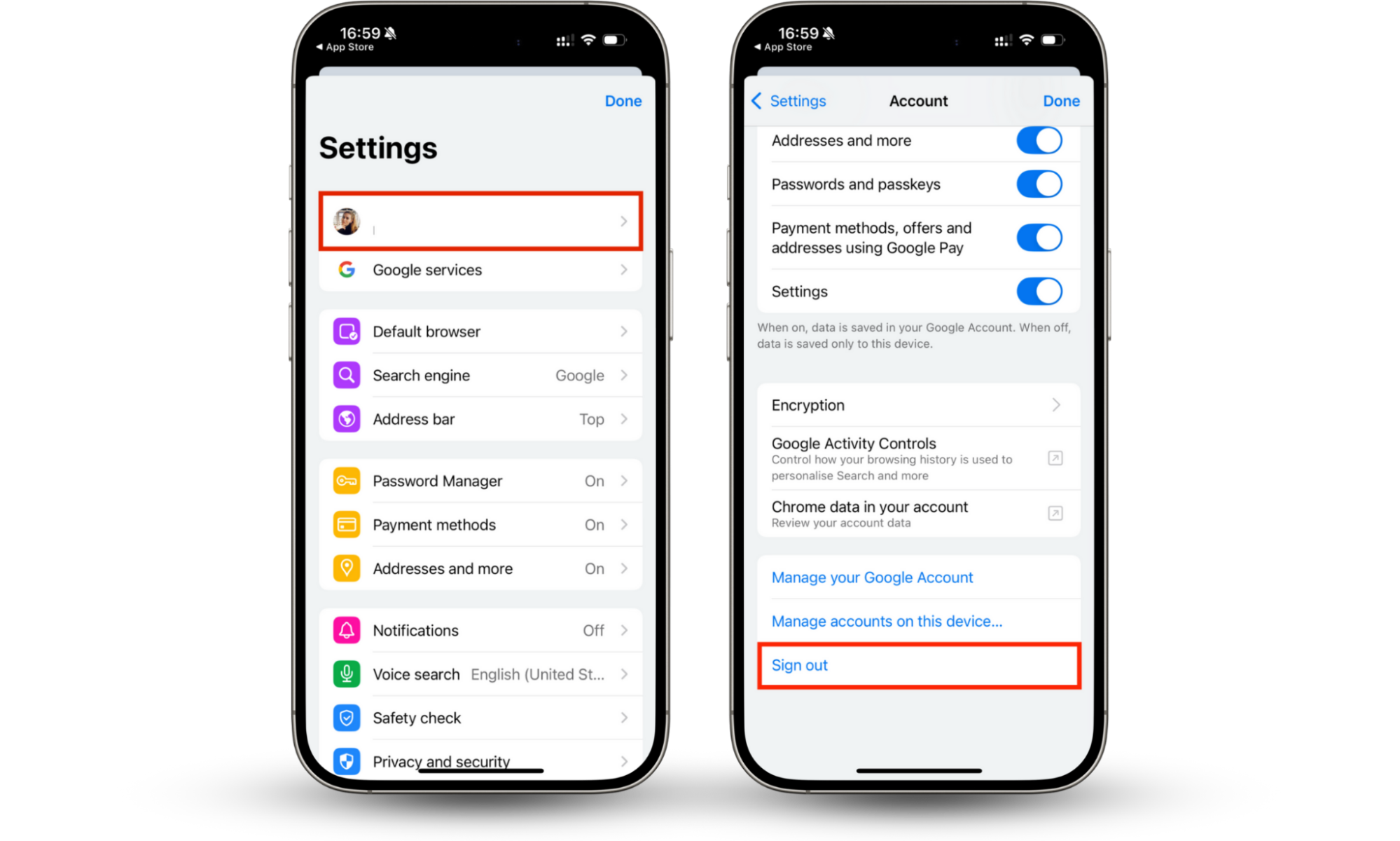 To stop someone from spying on your phone, sign out of your Google Account in Chrome. Press your email account and tap sign out. To stop someone from spying on your phone, sign out of your Google Account in Chrome. Press your email account and tap sign out.