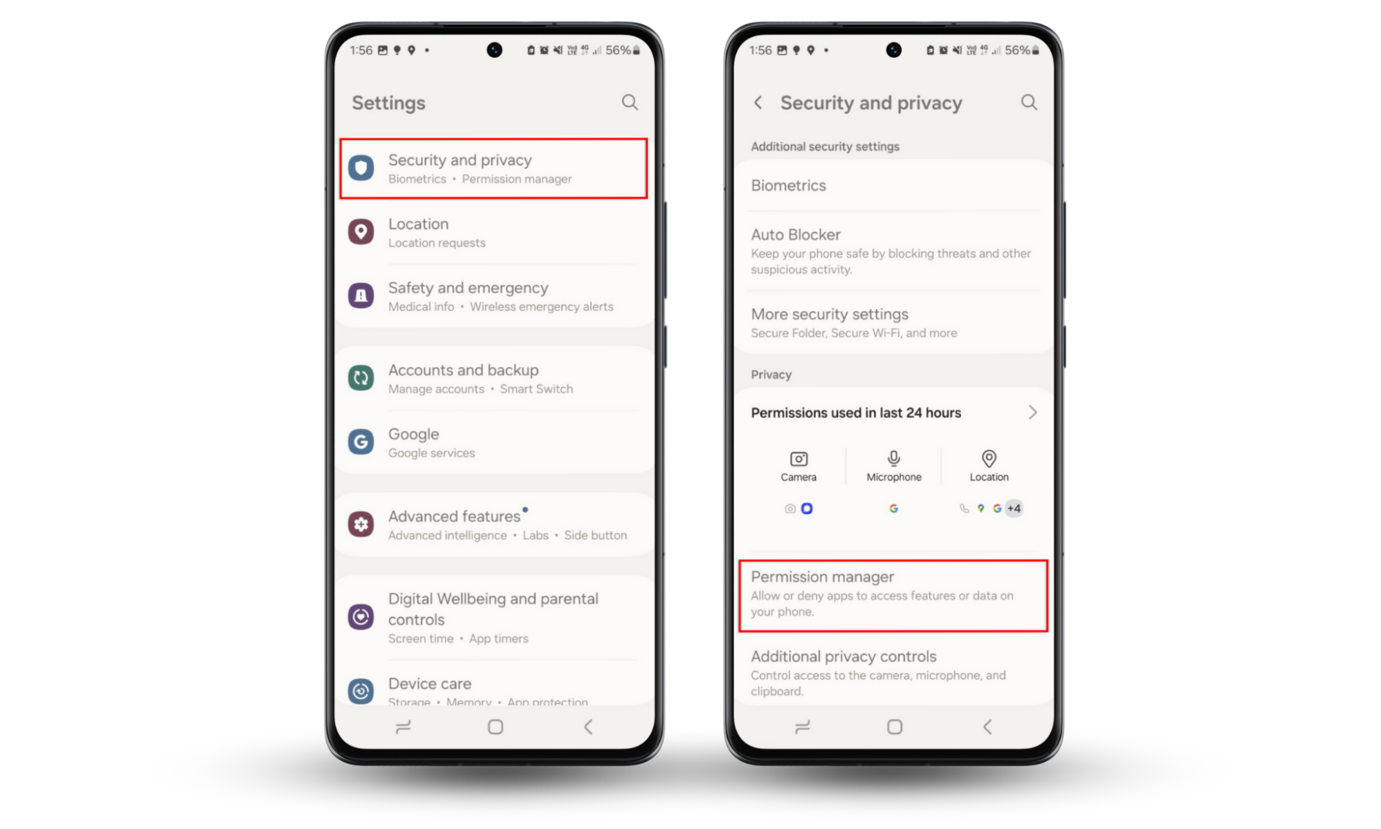 To detect spyware on Android, look for suspicious permissions. Open Settings > Security and Privacy > Permission manager. To detect spyware on Android, look for suspicious permissions. Open Settings > Security and Privacy > Permission manager.