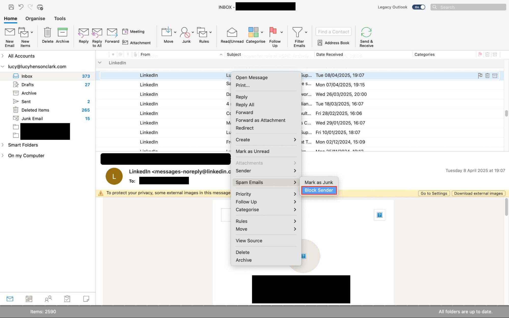 The Outlook app on a Mac, with the right-click menu open for an email, and Block Sender highlighted. This is how to block someone from emailing you on Outlook. The Outlook app on a Mac, with the right-click menu open for an email, and Block Sender highlighted. This is how to block someone from emailing you on Outlook.