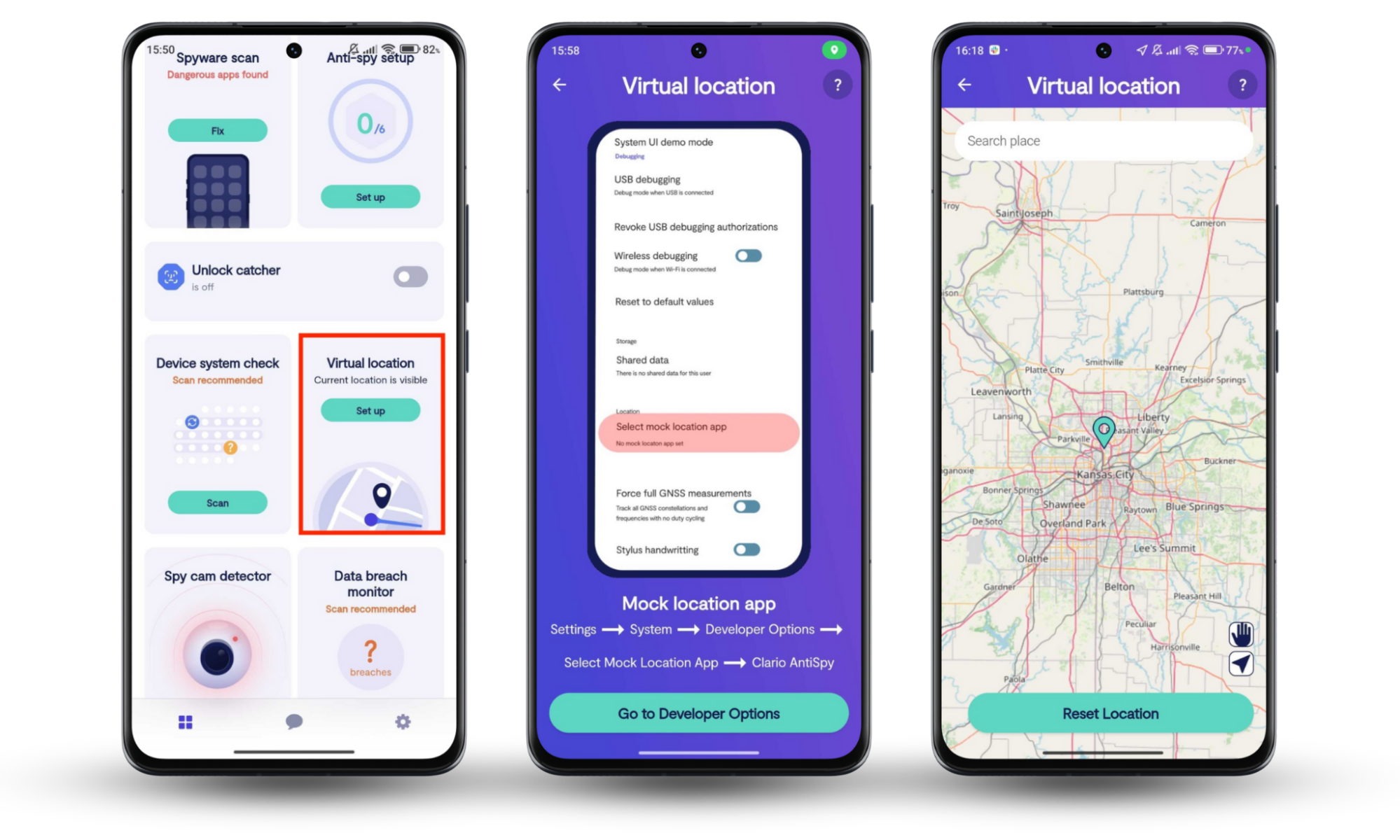 These Clario app screenshots show how to change your location on Android by using Clario Anti Spy's Virtual Location feature. These Clario app screenshots show how to change your location on Android by using Clario Anti Spy's Virtual Location feature.