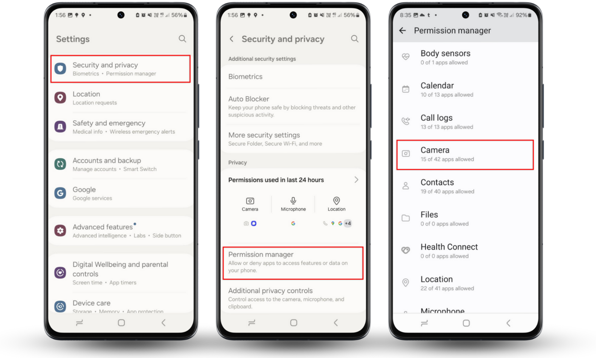 To stop someone from spying on your phone, change your permissions. Go to Settings > Security and privacy > Permission manager and choose the type of permissions you want to review. To stop someone from spying on your phone, change your permissions. Go to Settings > Security and privacy > Permission manager and choose the type of permissions you want to review.