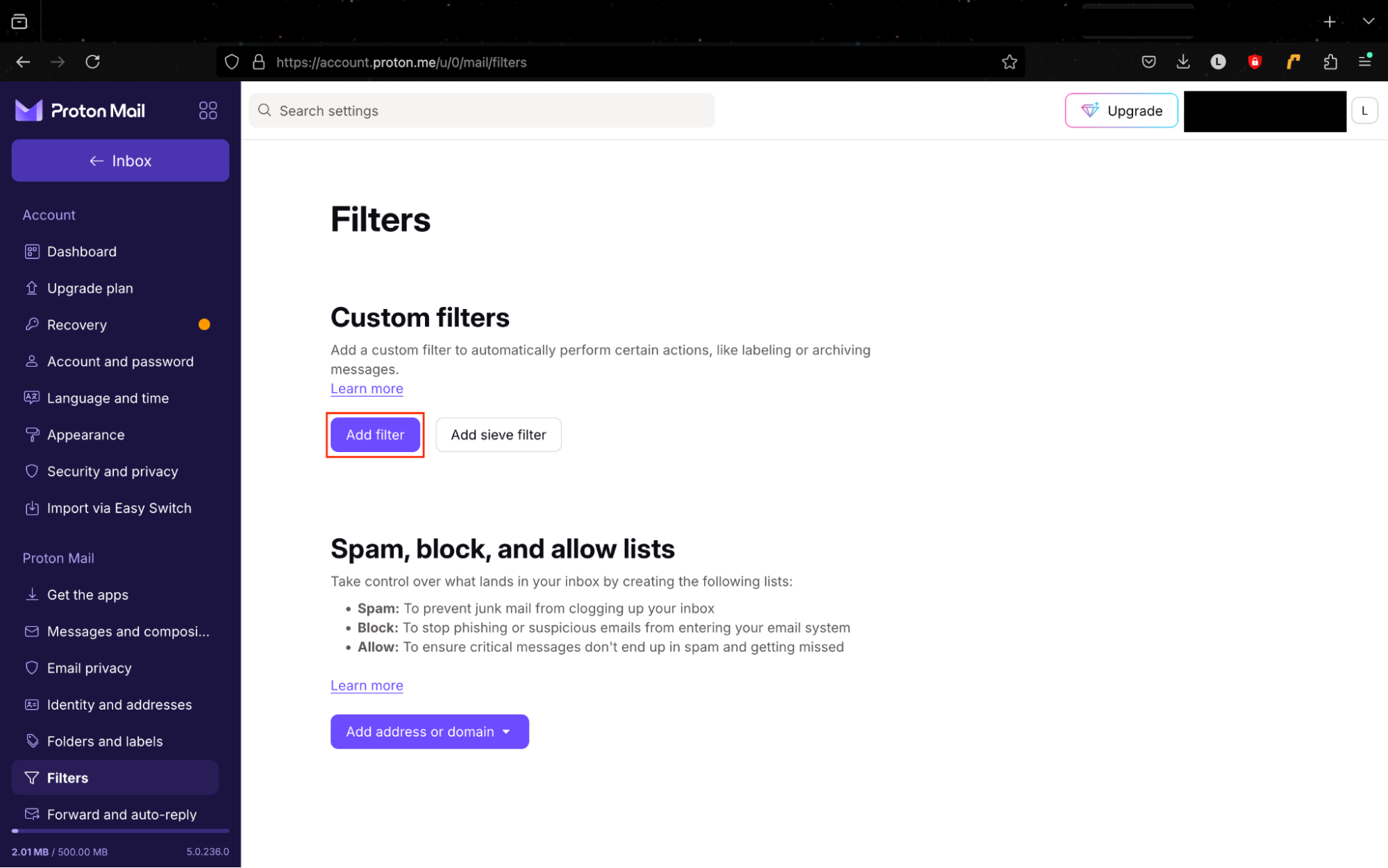 ProtonMail's Filters page, with Add filter highlighted under Custom filters. This is how you can block spam emails from a range of addresses. ProtonMail's Filters page, with Add filter highlighted under Custom filters. This is how you can block spam emails from a range of addresses.