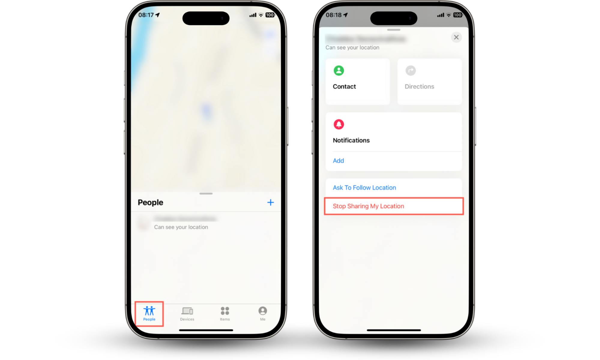 These iOS screenshots show how to change the location permissions on your iPhone for individual people via the Find My app. These iOS screenshots show how to change the location permissions on your iPhone for individual people via the Find My app.