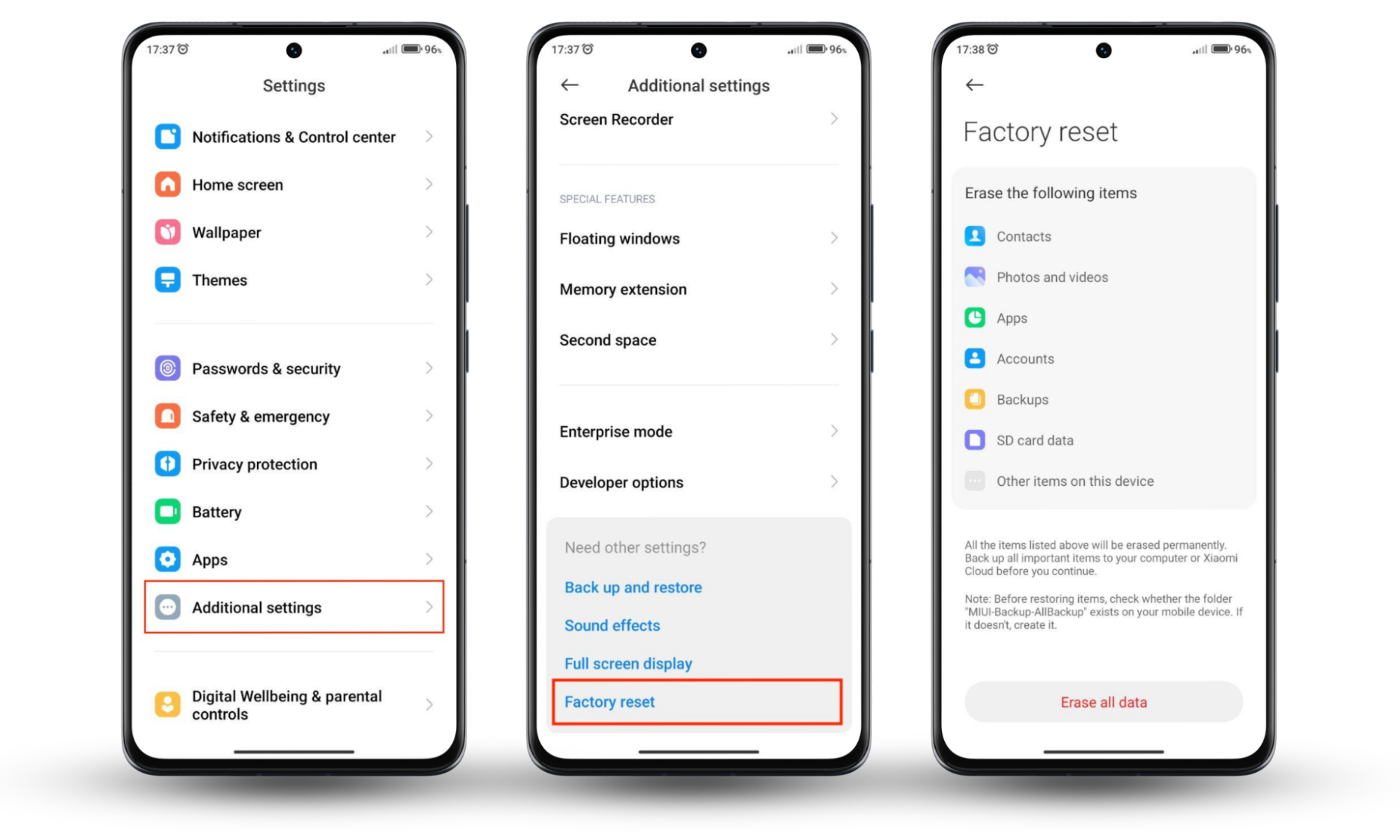 Android screen showing the steps to using a factory reset to fix a hatched phone. Android screen showing the steps to using a factory reset to fix a hatched phone.
