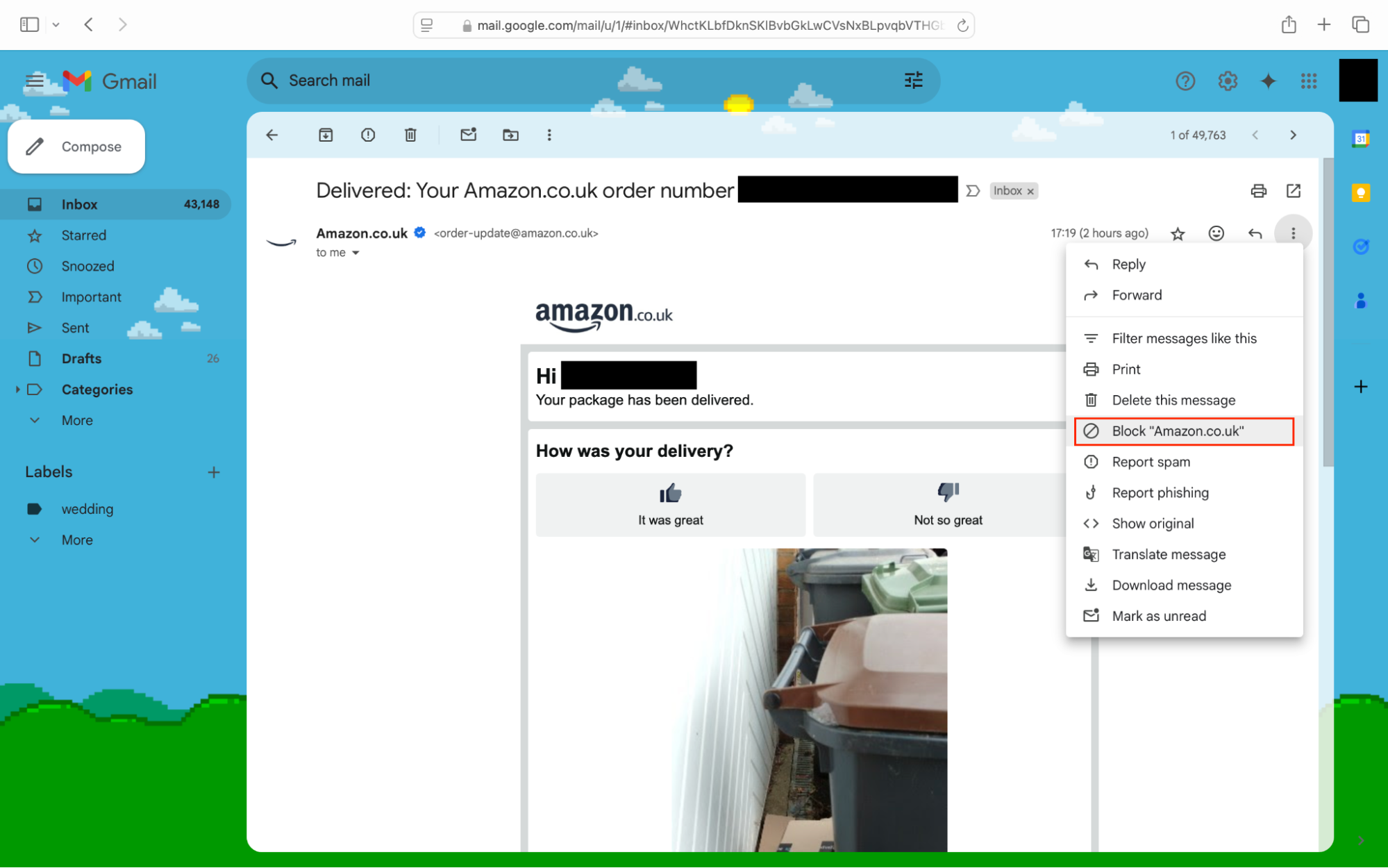 Gmail's webmail, showing how to block spam emails from one sender. Gmail's webmail, showing how to block spam emails from one sender.