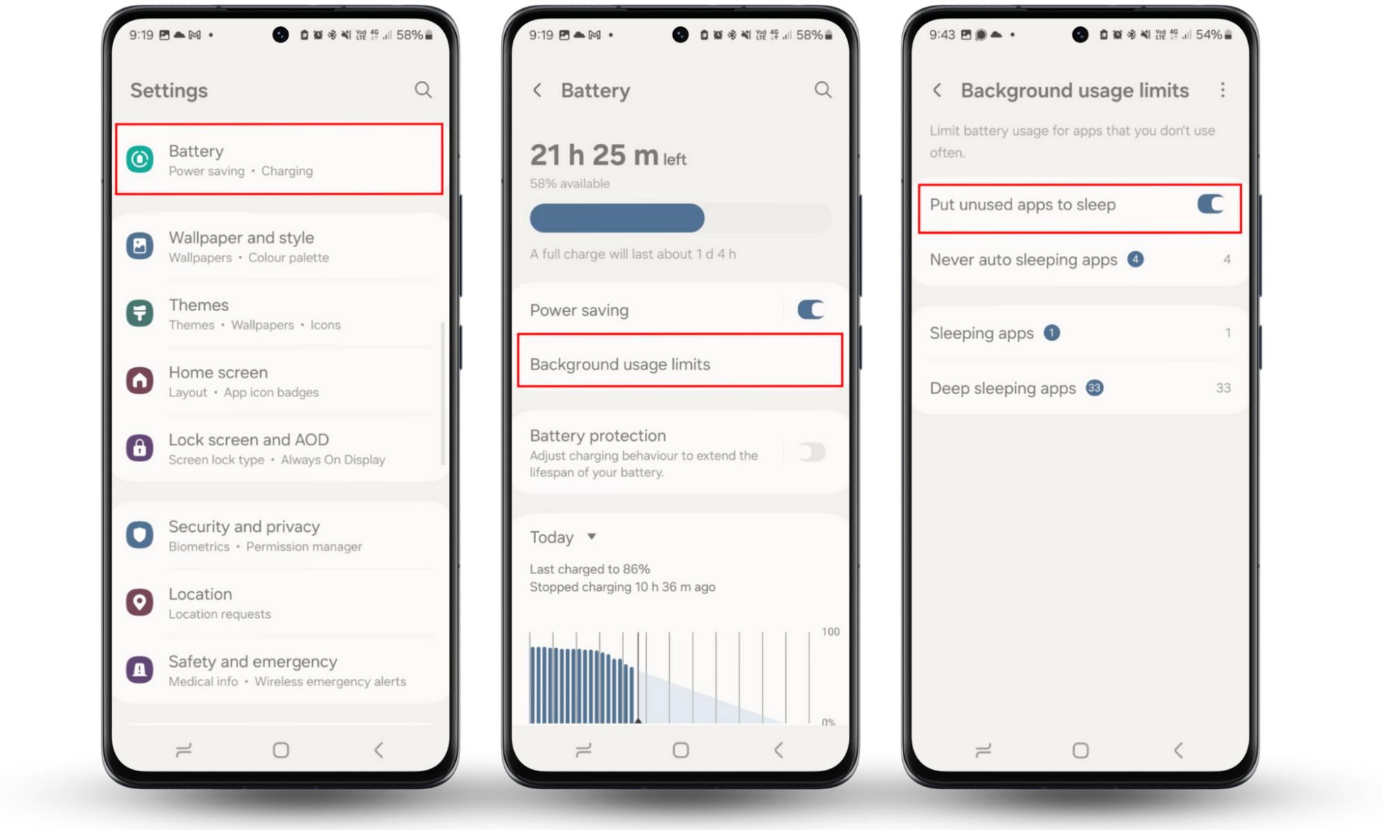 To stop your phone battery draining to fast, prevent unwanted background activity. Go to Settings > Battery > Background usage limits and toggle on Put unused apps to sleep. To stop your phone battery draining to fast, prevent unwanted background activity. Go to Settings > Battery > Background usage limits and toggle on Put unused apps to sleep.