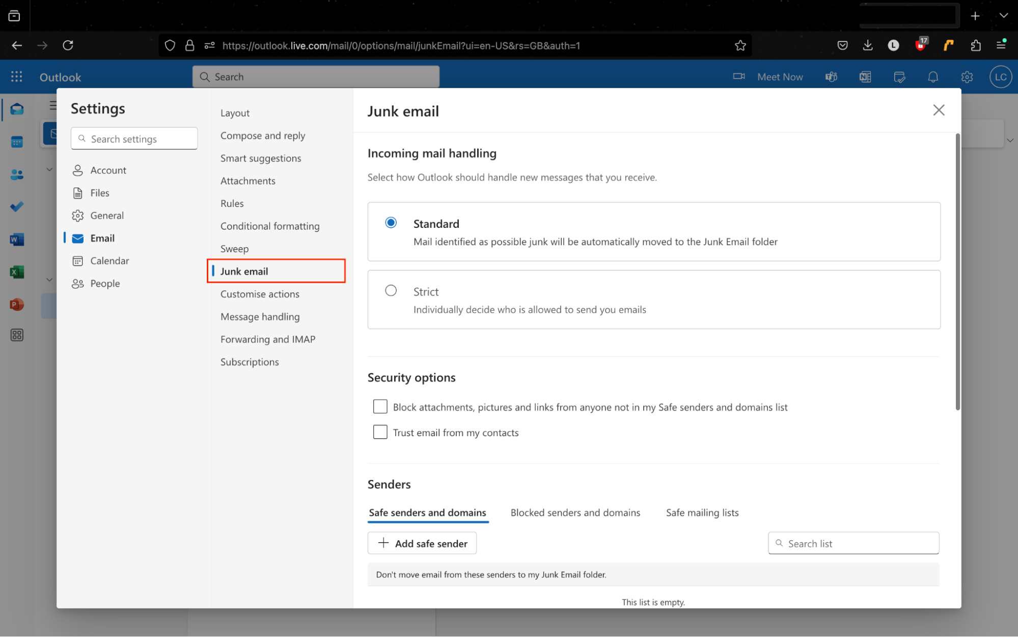 The Junk Email settings in Outlook's webmail. You can check your blocked senders list here, after you block spam emails. The Junk Email settings in Outlook's webmail. You can check your blocked senders list here, after you block spam emails.