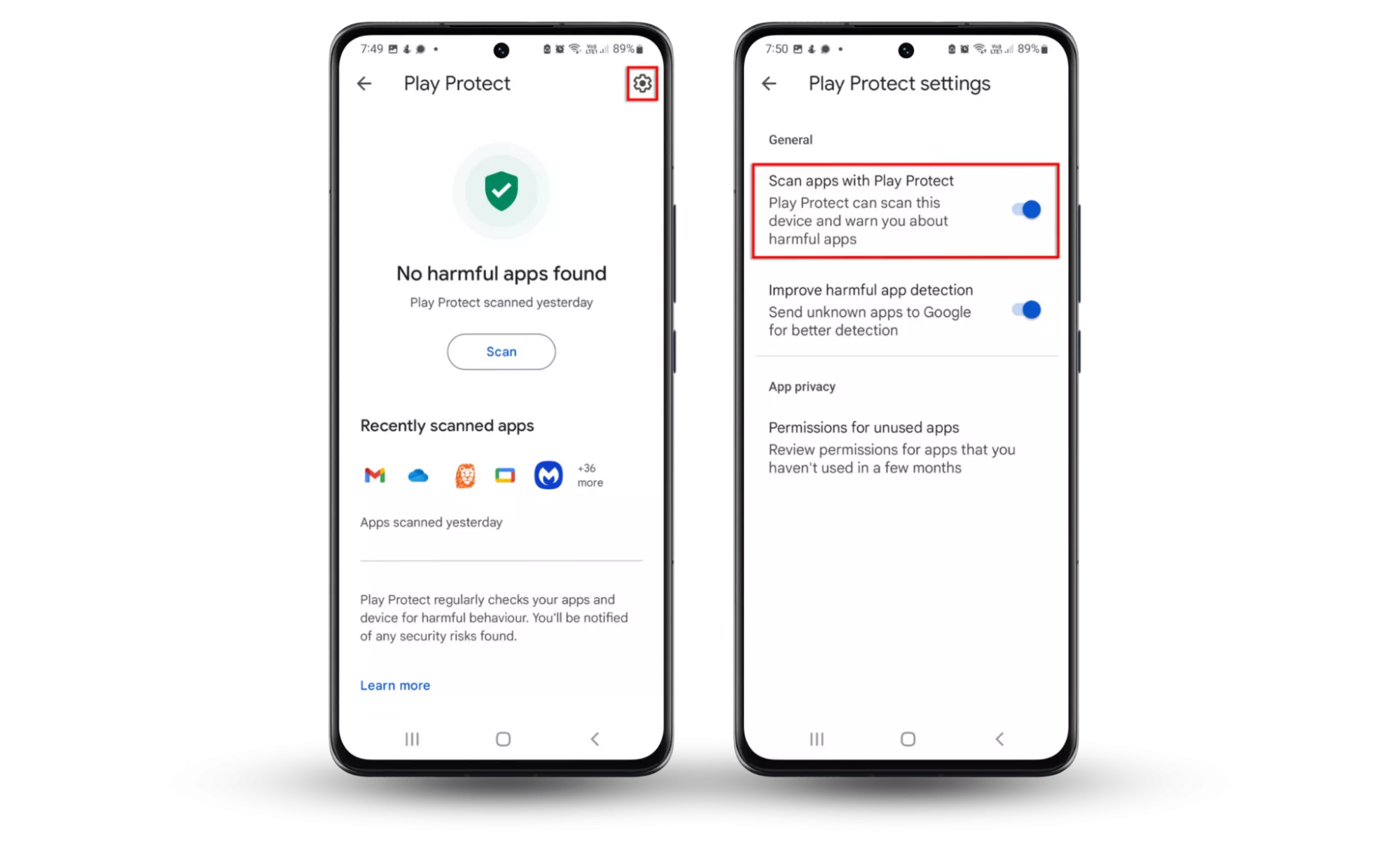 Screenshots of an Android device showing how to toggle on Scan apps with Play Protect to ensure there are no hidden spy apps on Android. Screenshots of an Android device showing how to toggle on Scan apps with Play Protect to ensure there are no hidden spy apps on Android.