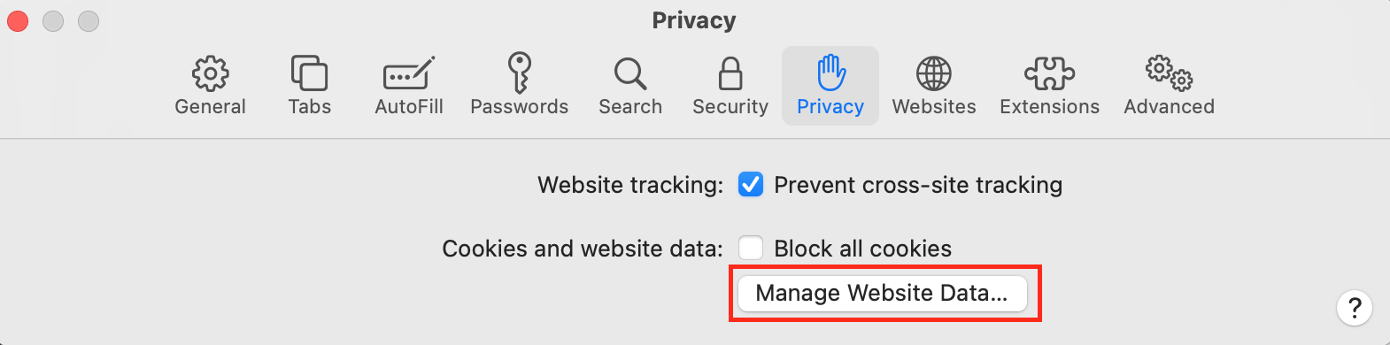 These Mac screenshots highlight the Manage Website Data option in Safari Settings, which you must click to manage web data and stop browser tracking. These Mac screenshots highlight the Manage Website Data option in Safari Settings, which you must click to manage web data and stop browser tracking.