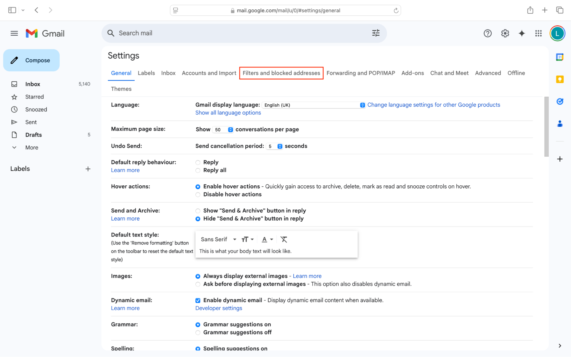 Gmail on a desktop, with the Settings page open, and Filters and blocked addresses highlighted. If you want to stop emails from a sender, you may also want to check your block list. Gmail on a desktop, with the Settings page open, and Filters and blocked addresses highlighted. If you want to stop emails from a sender, you may also want to check your block list.