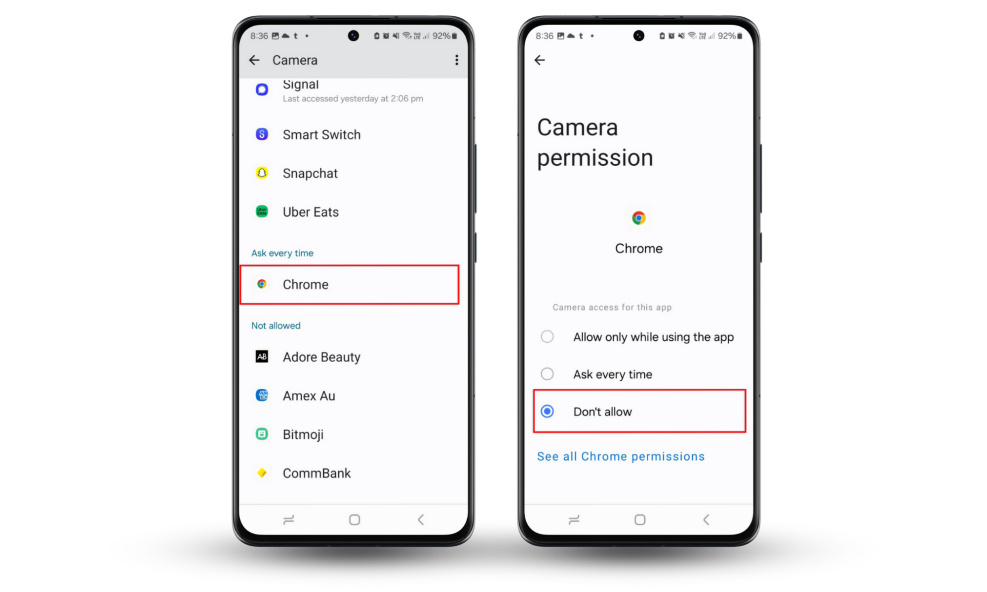 To find out if your phone is being tracked, audit your permissions. Go to Settings > Security and Privacy > Permission manager, then choose an app and press Don't allow.