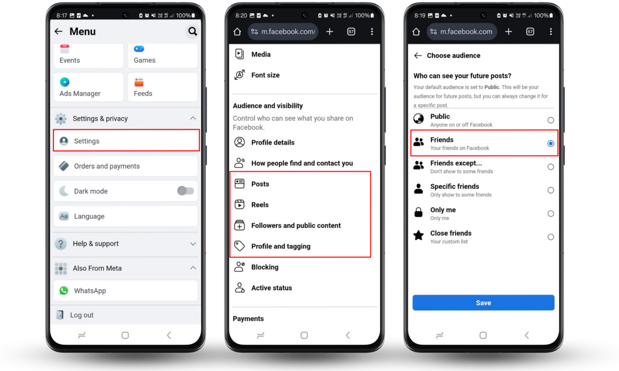 Here's what to do if your Facebook account gets hacked. Open Settings & privacy > Settings and go to Audience and visibility. Set each option to Friends only to prevent public from seeing it. Here's what to do if your Facebook account gets hacked. Open Settings & privacy > Settings and go to Audience and visibility. Set each option to Friends only to prevent public from seeing it.