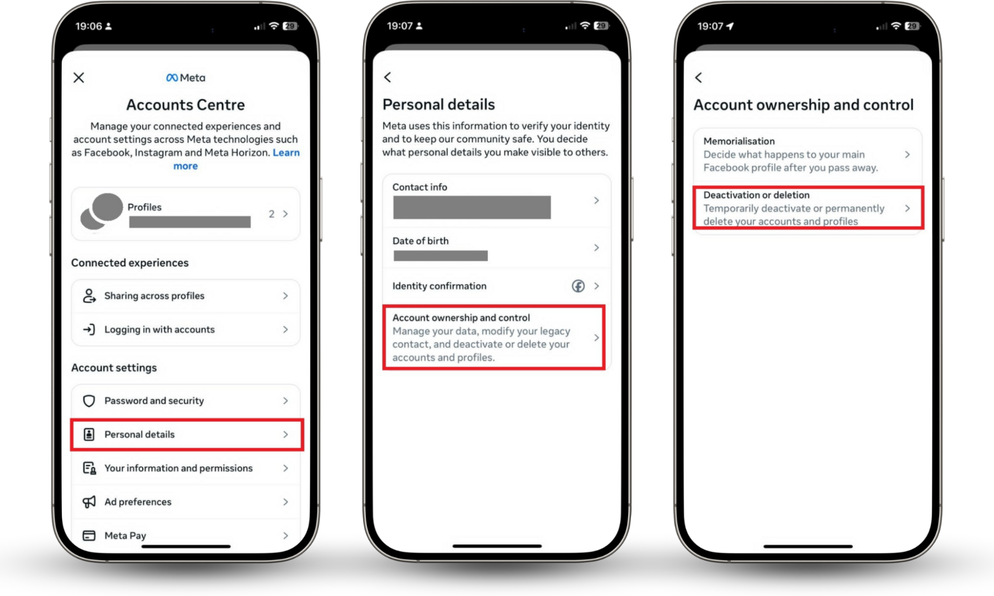 iPhone screens showing how to continue the process to deactivate Facebook account through your Account ownership and control panel. iPhone screens showing how to continue the process to deactivate Facebook account through your Account ownership and control panel.