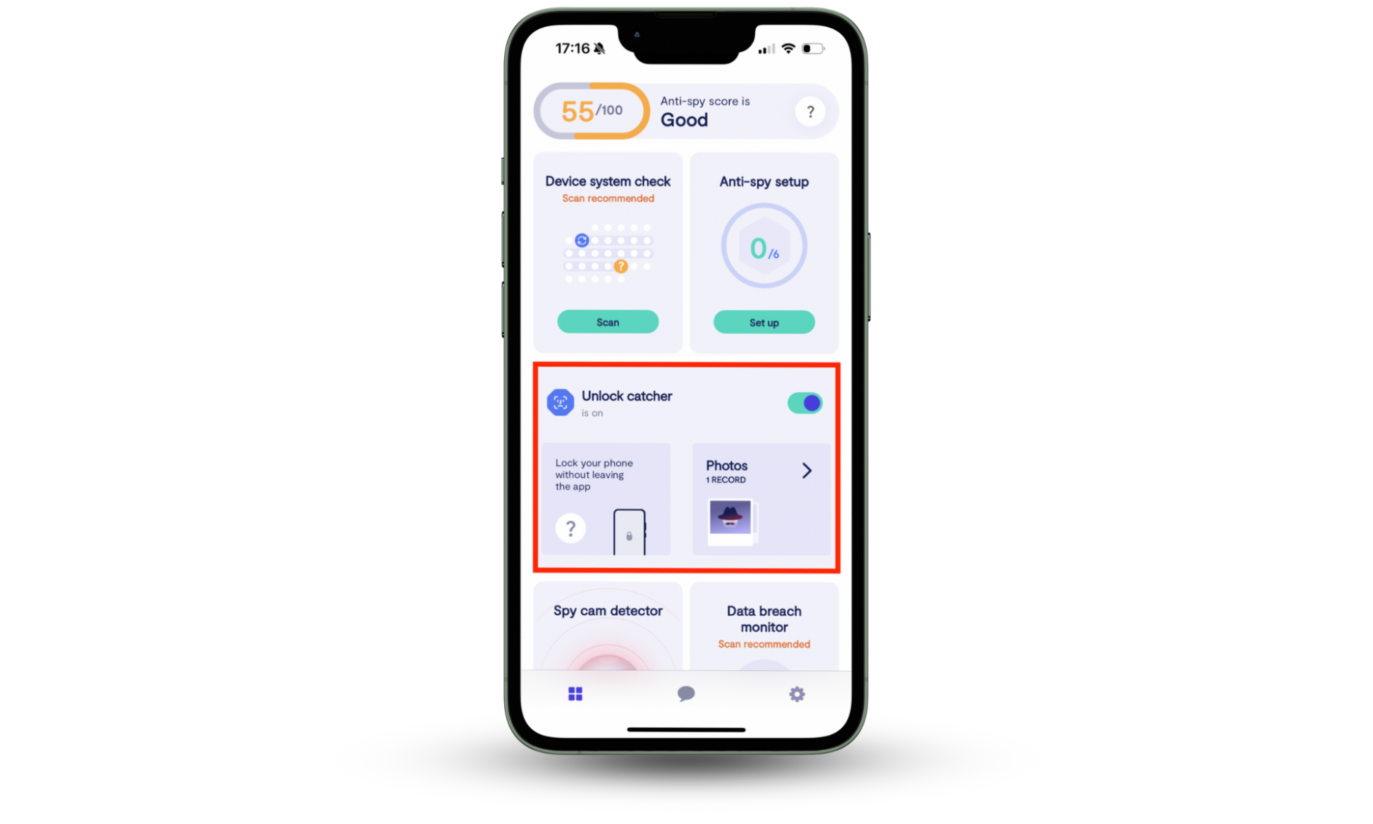 Clario Anti Spy app, with the Unlock catcher section highlighted. As someone can can use Face ID with eyes closed when you're asleep, you should always check for unauthorized access to your device. Clario Anti Spy app, with the Unlock catcher section highlighted. As someone can can use Face ID with eyes closed when you're asleep, you should always check for unauthorized access to your device.